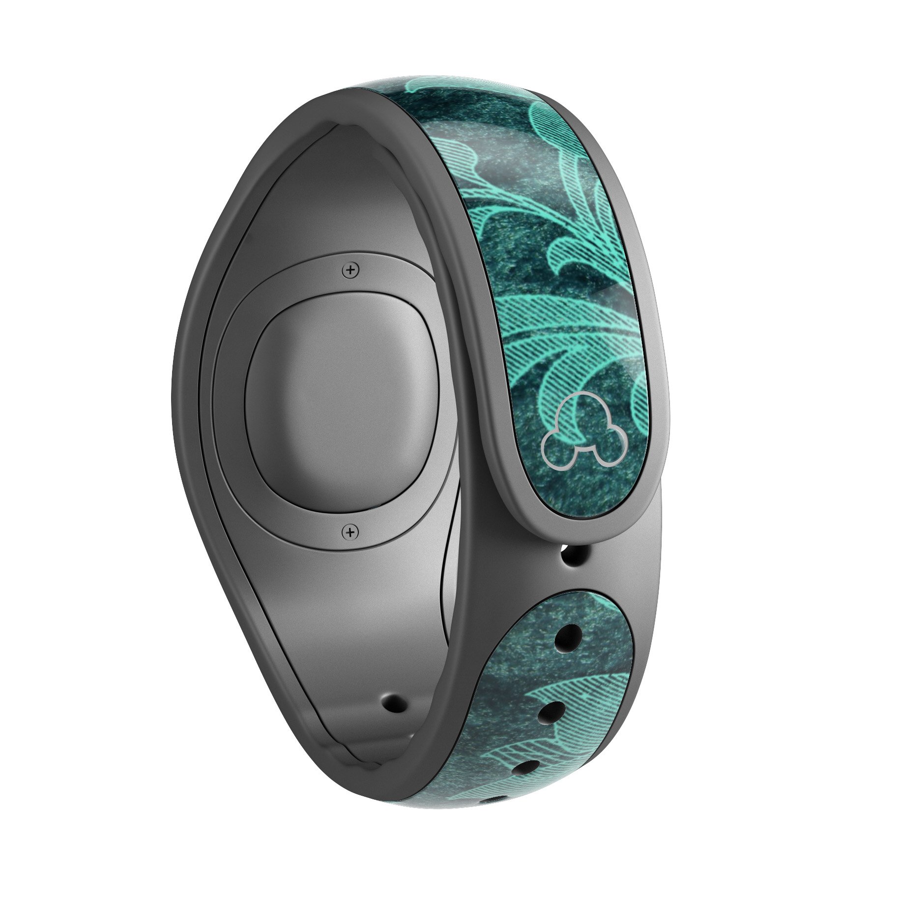 Green and teal floral velvet decal skin wrap kit for Disney Magic Band, showcasing vibrant colors and intricate floral patterns.