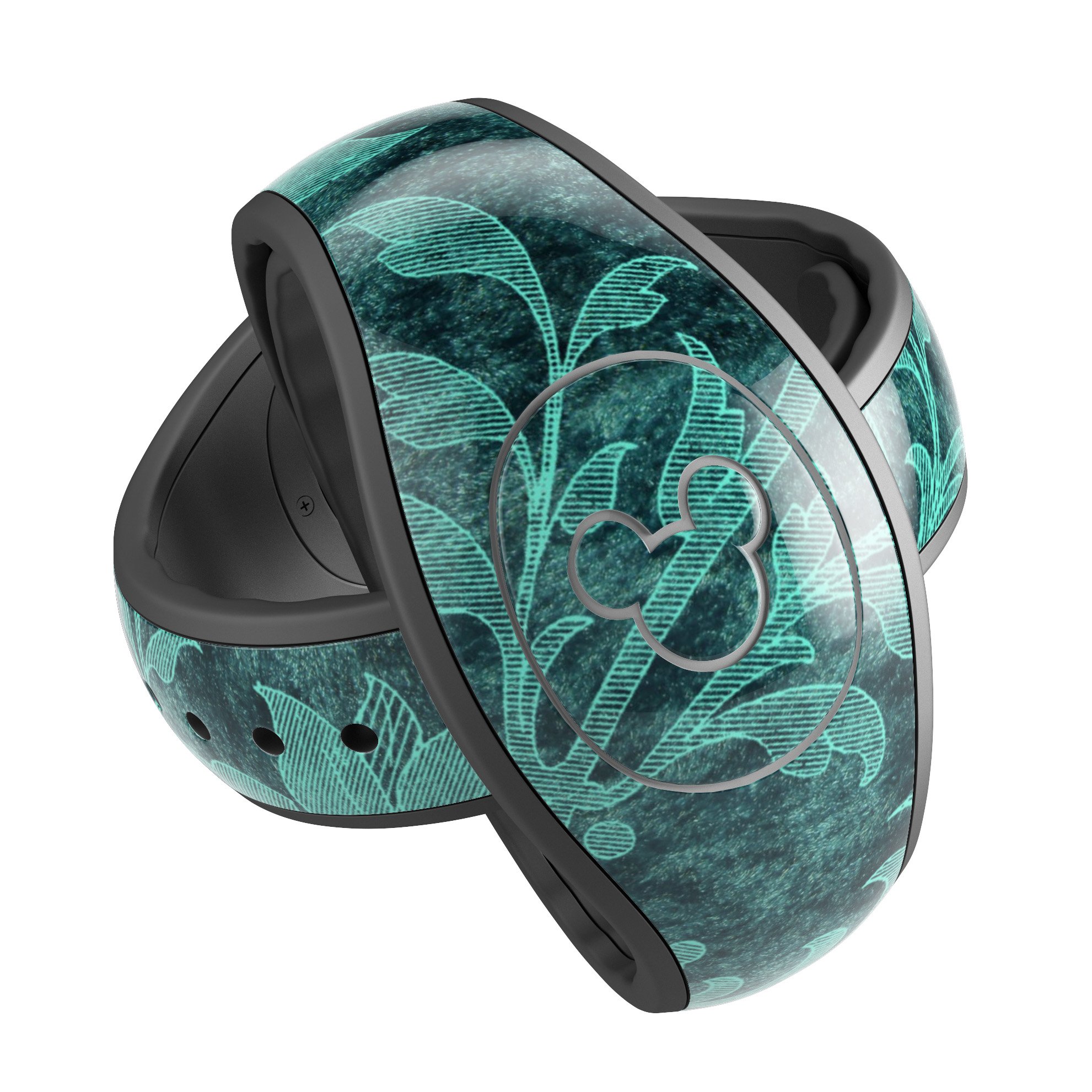 Green and teal floral velvet decal skin wrap kit for Disney Magic Band, showcasing vibrant colors and intricate floral patterns.