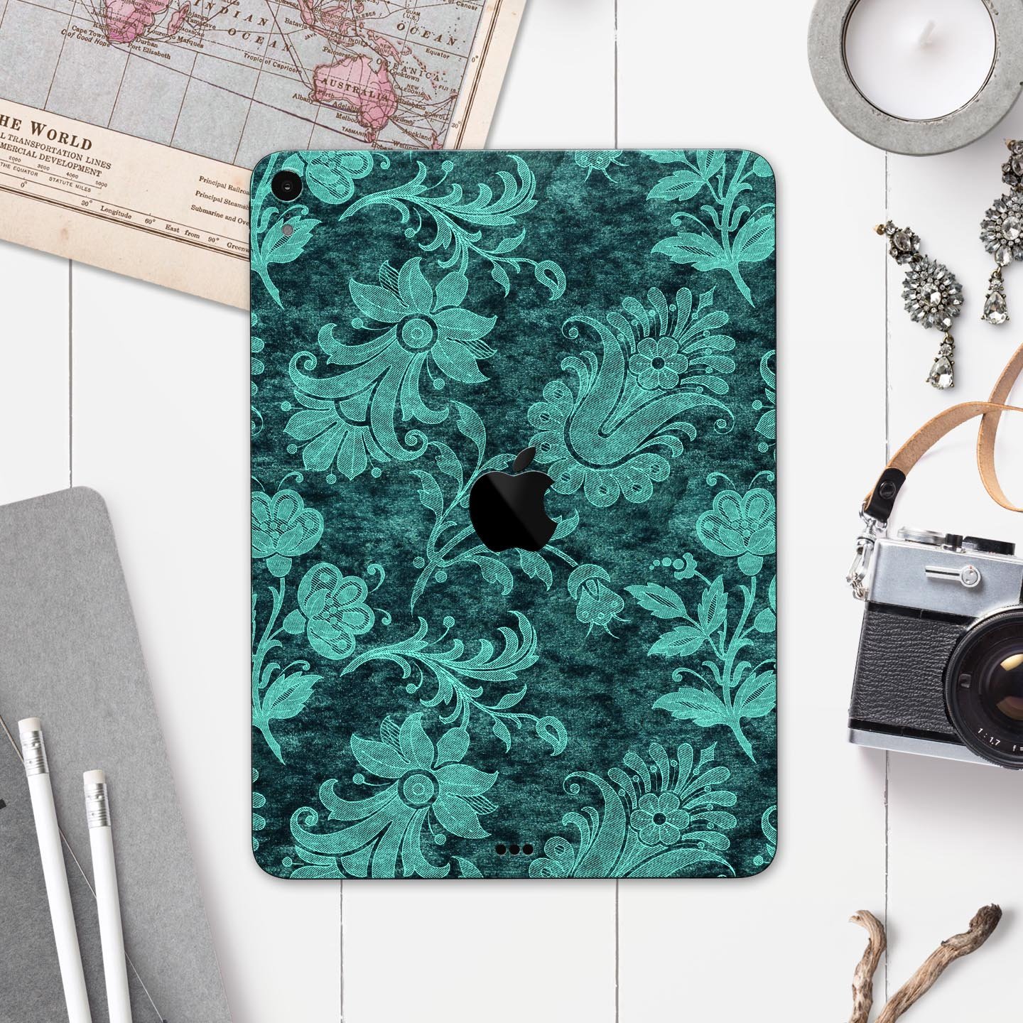 Green and Teal Floral Velvet v3 skin decal for Apple devices, showcasing a vibrant floral design on a sleek surface.