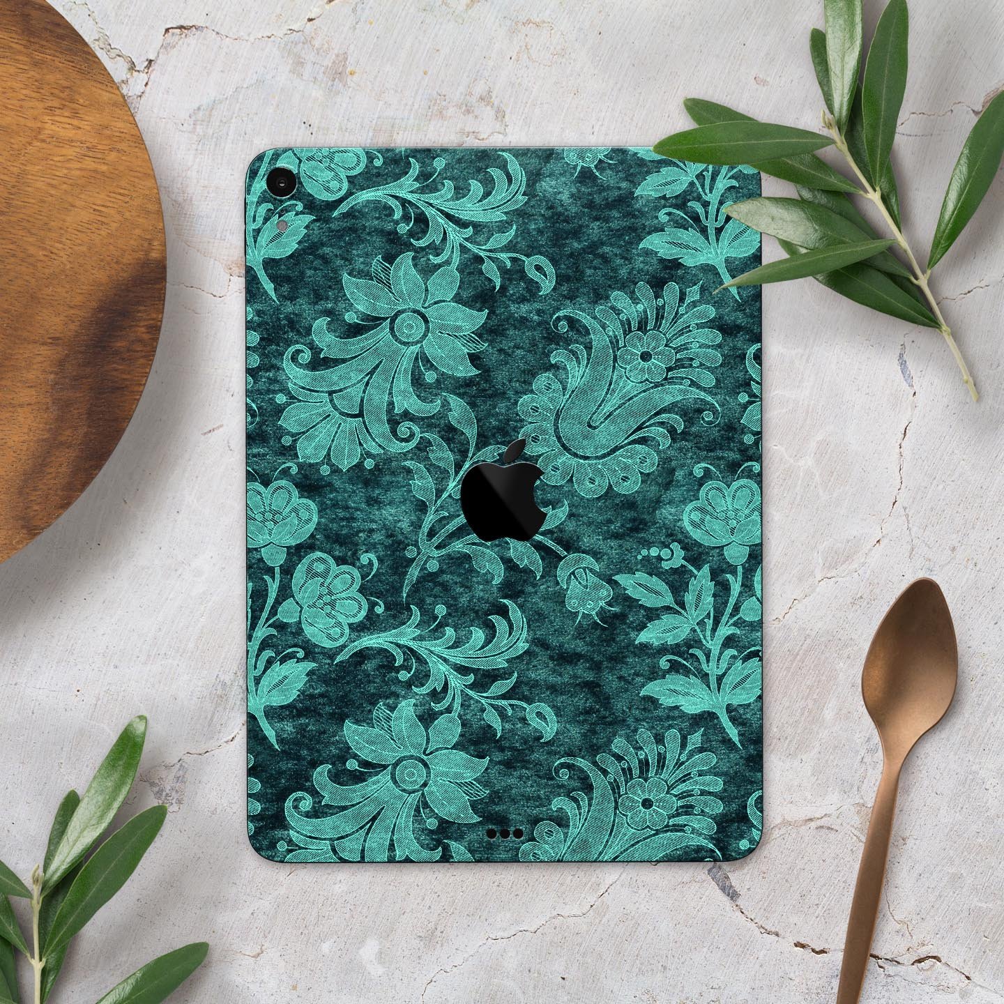 Green and Teal Floral Velvet v3 skin decal for Apple devices, showcasing a vibrant floral design on a sleek surface.