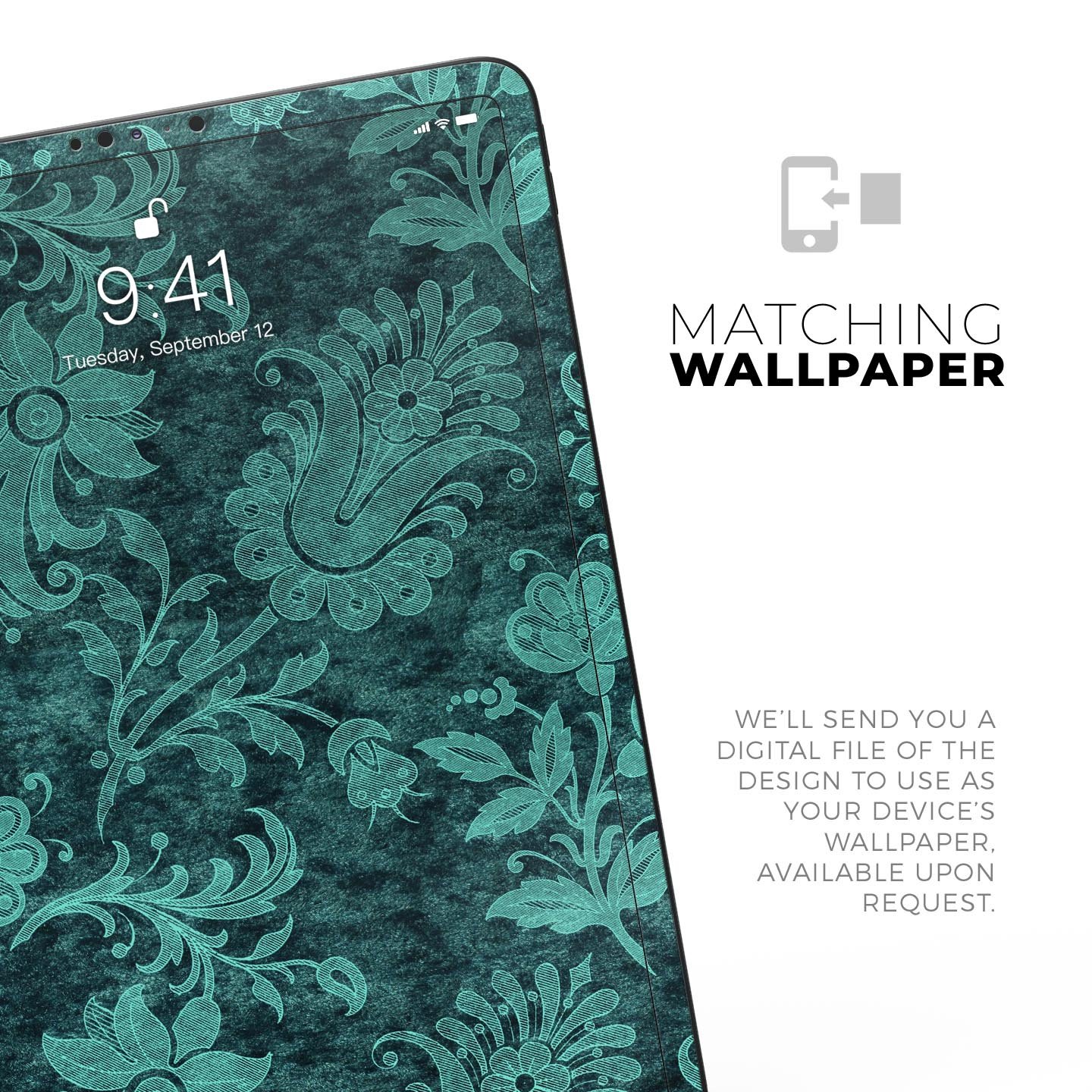 Green and Teal Floral Velvet v3 skin decal for Apple devices, showcasing a vibrant floral design on a sleek surface.