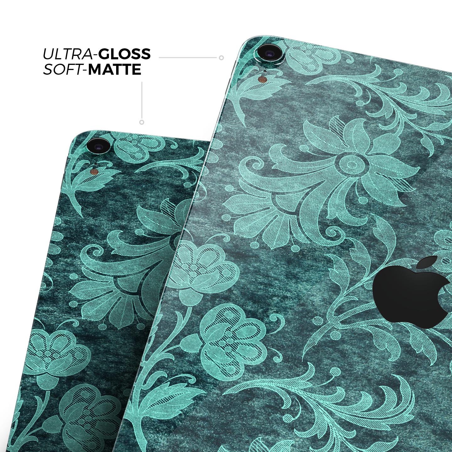 Green and Teal Floral Velvet v3 skin decal for Apple devices, showcasing a vibrant floral design on a sleek surface.