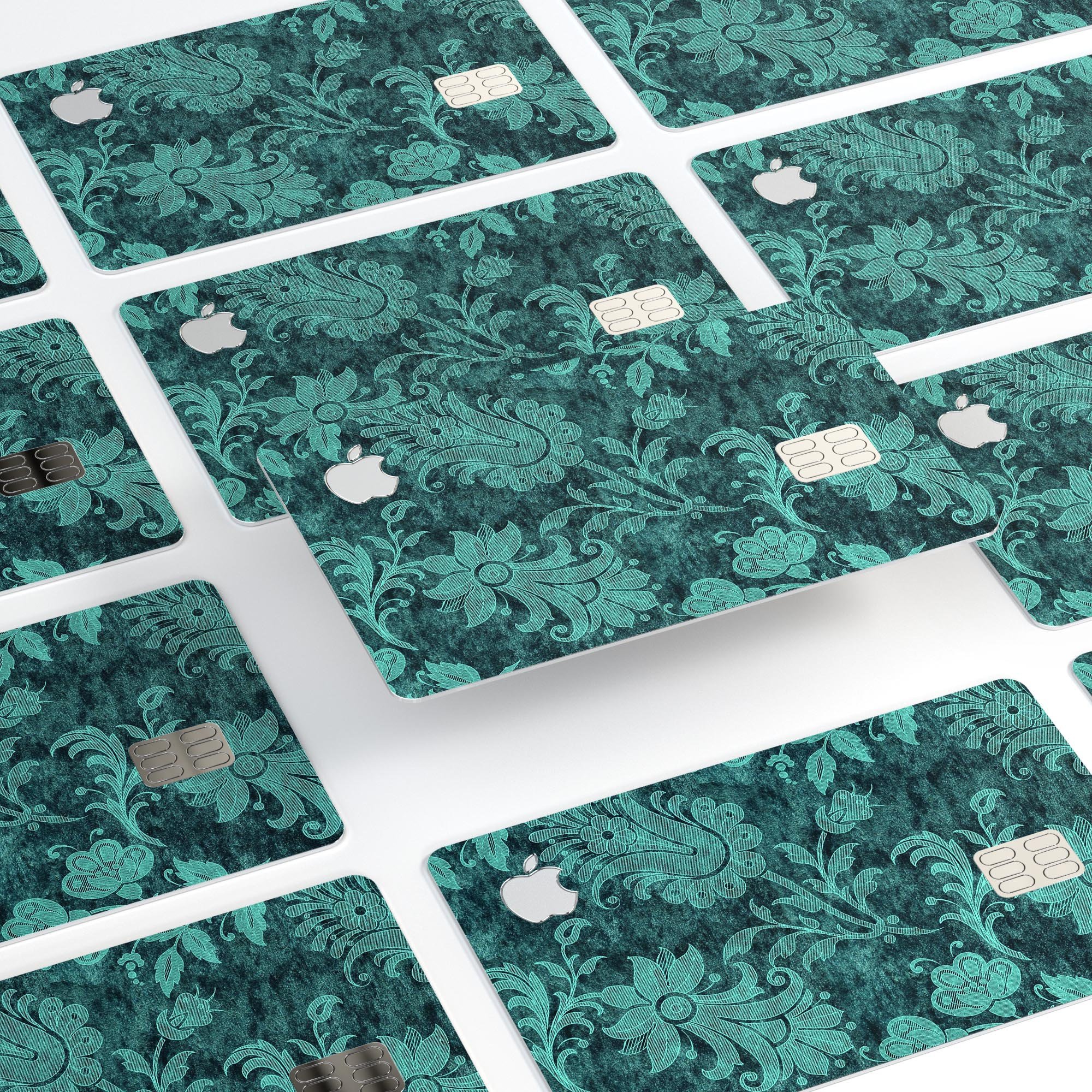 Green and teal floral velvet decal skin for Apple Card, showcasing a vibrant floral design on a premium protective vinyl.