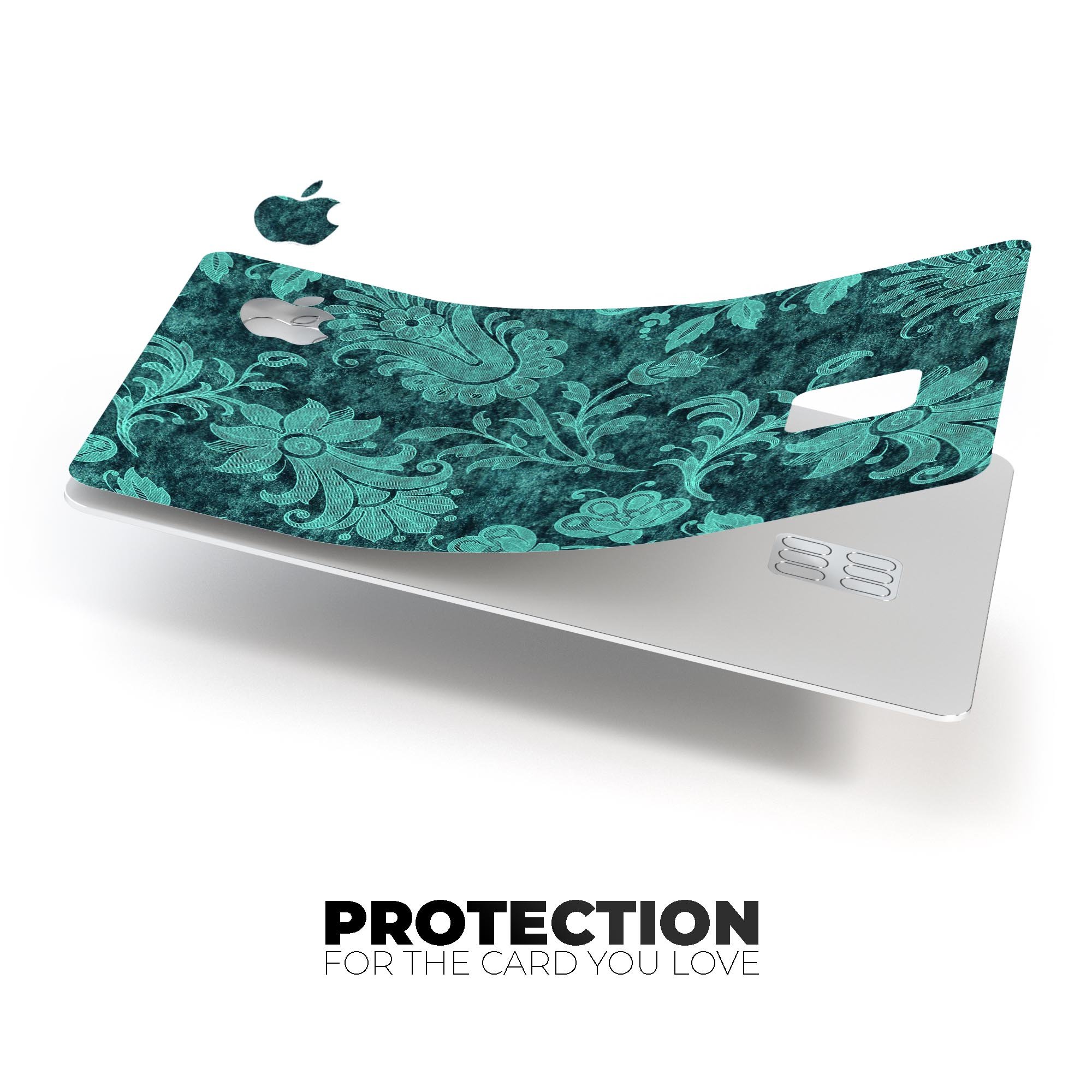 Green and teal floral velvet decal skin for Apple Card, showcasing a vibrant floral design on a premium protective vinyl.