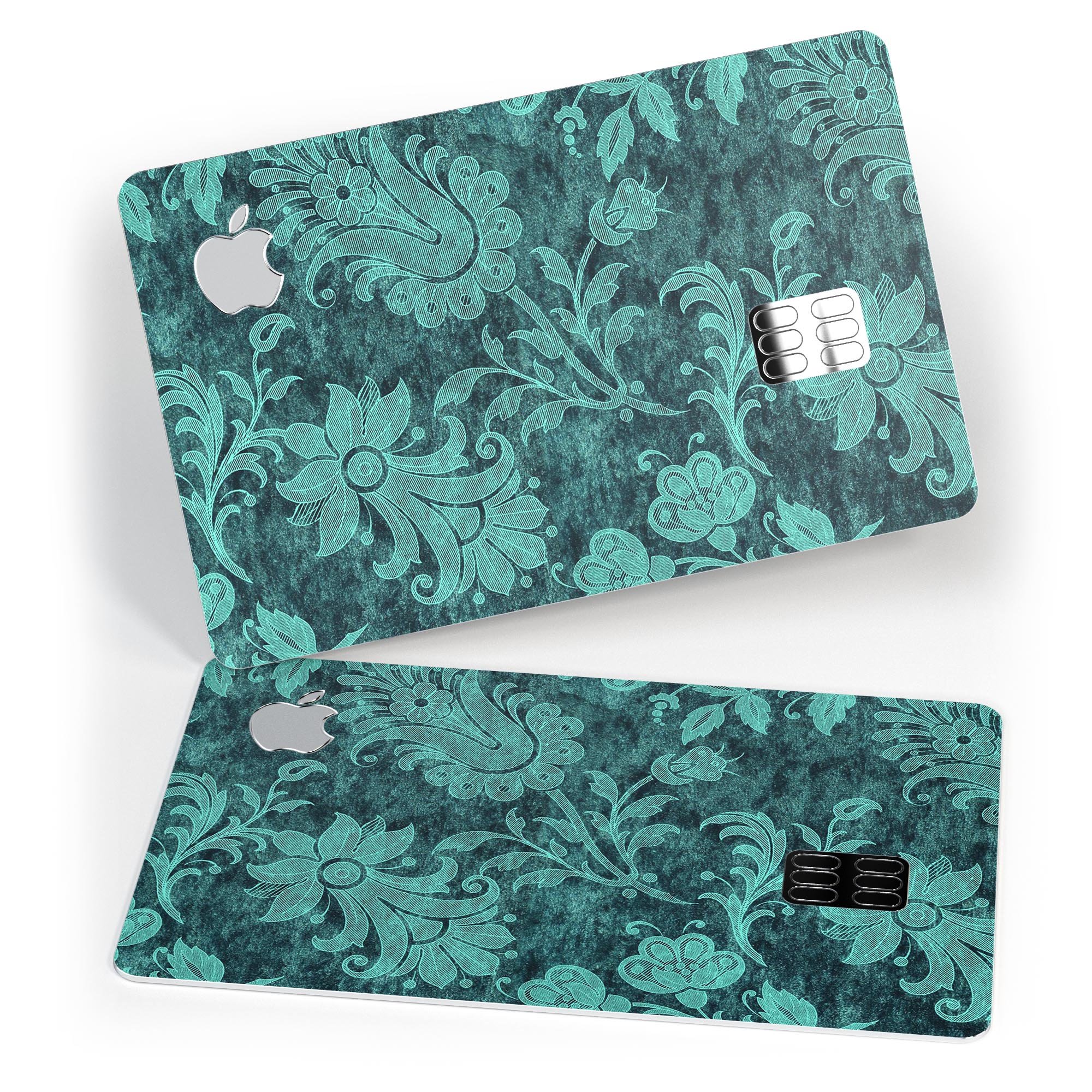 Green and teal floral velvet decal skin for Apple Card, showcasing a vibrant floral design on a premium protective vinyl.