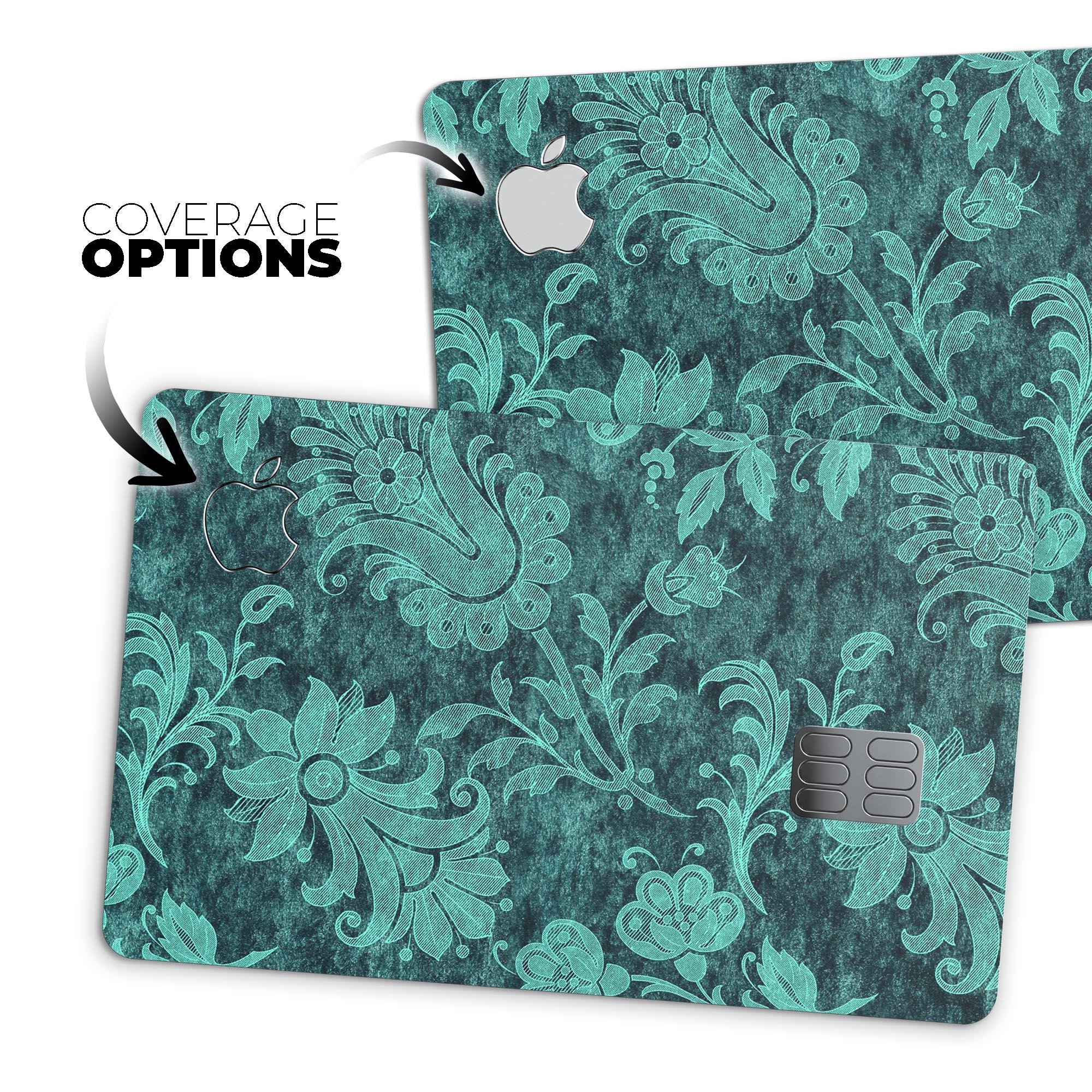 Green and teal floral velvet decal skin for Apple Card, showcasing a vibrant floral design on a premium protective vinyl.