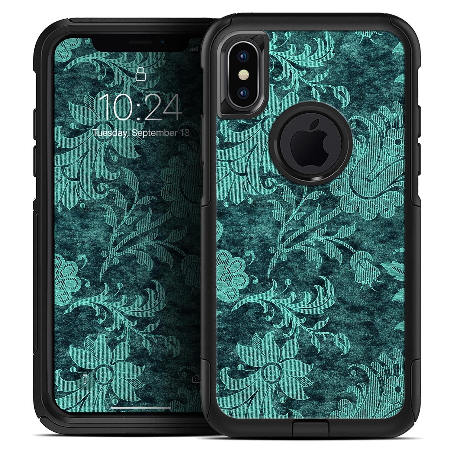 Green and teal floral velvet skin kit for iPhone OtterBox, showcasing vibrant floral patterns on a sleek surface.