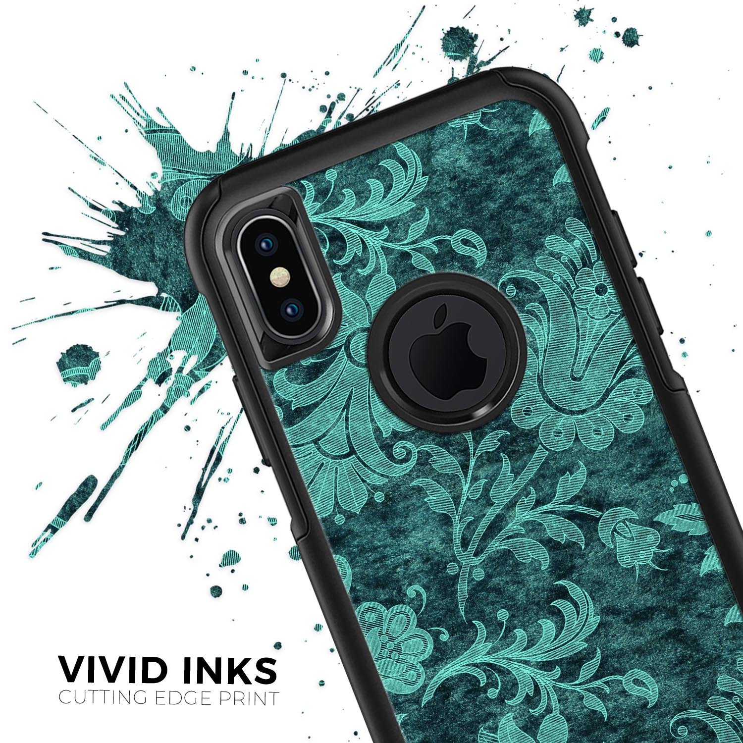 Green and teal floral velvet skin kit for iPhone OtterBox, showcasing vibrant floral patterns on a sleek surface.