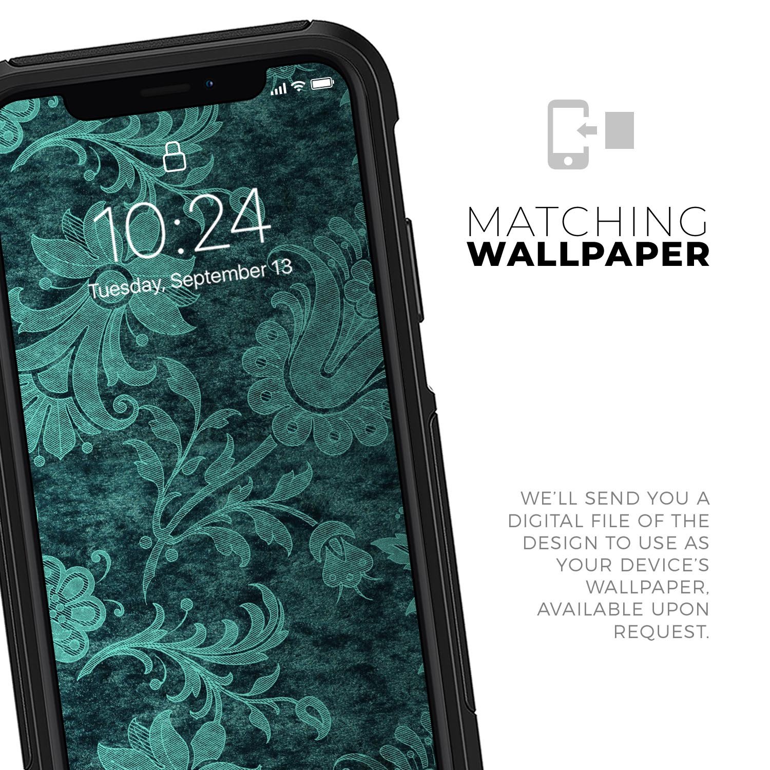 Green and teal floral velvet skin kit for iPhone OtterBox, showcasing vibrant floral patterns on a sleek surface.