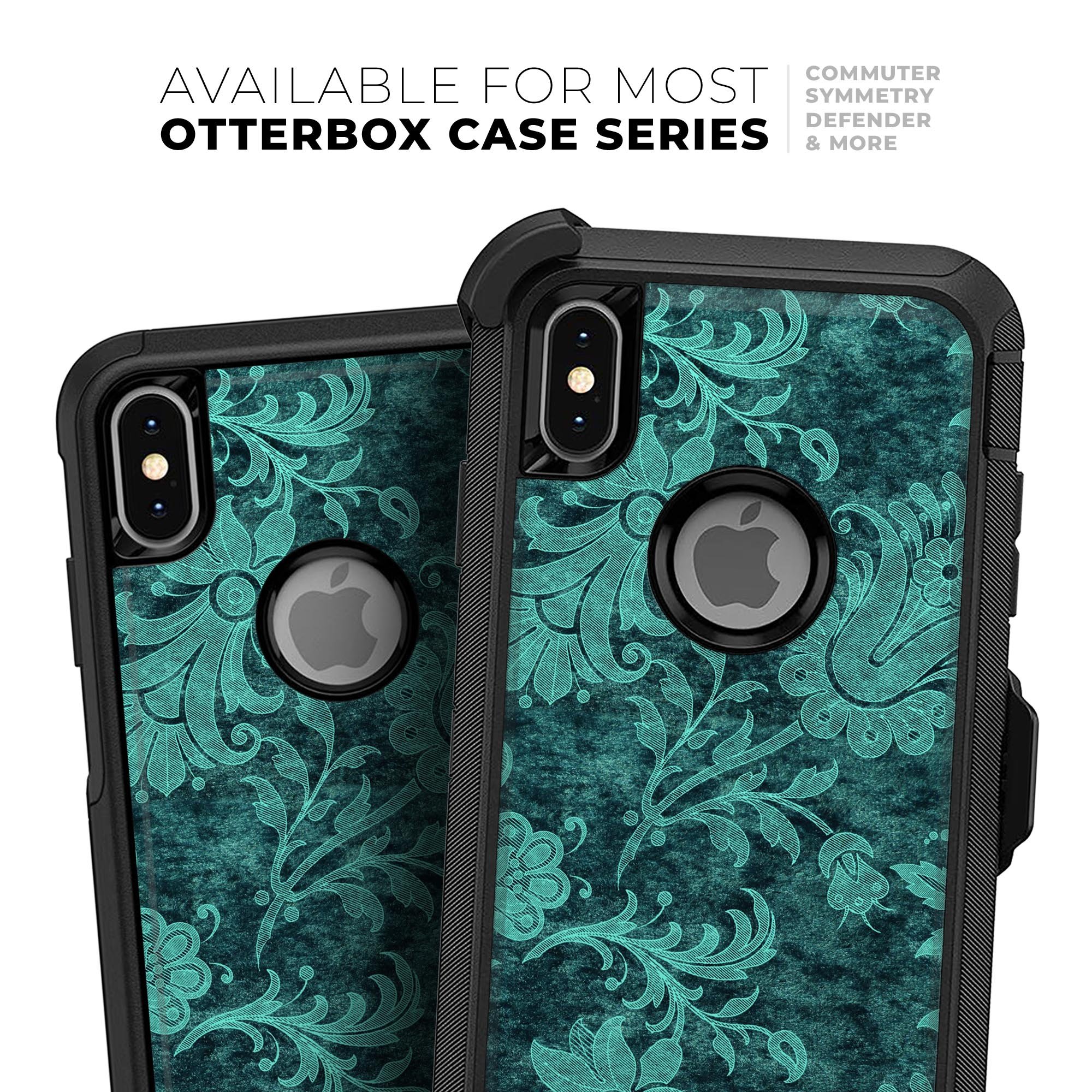 Green and teal floral velvet skin kit for iPhone OtterBox, showcasing vibrant floral patterns on a sleek surface.