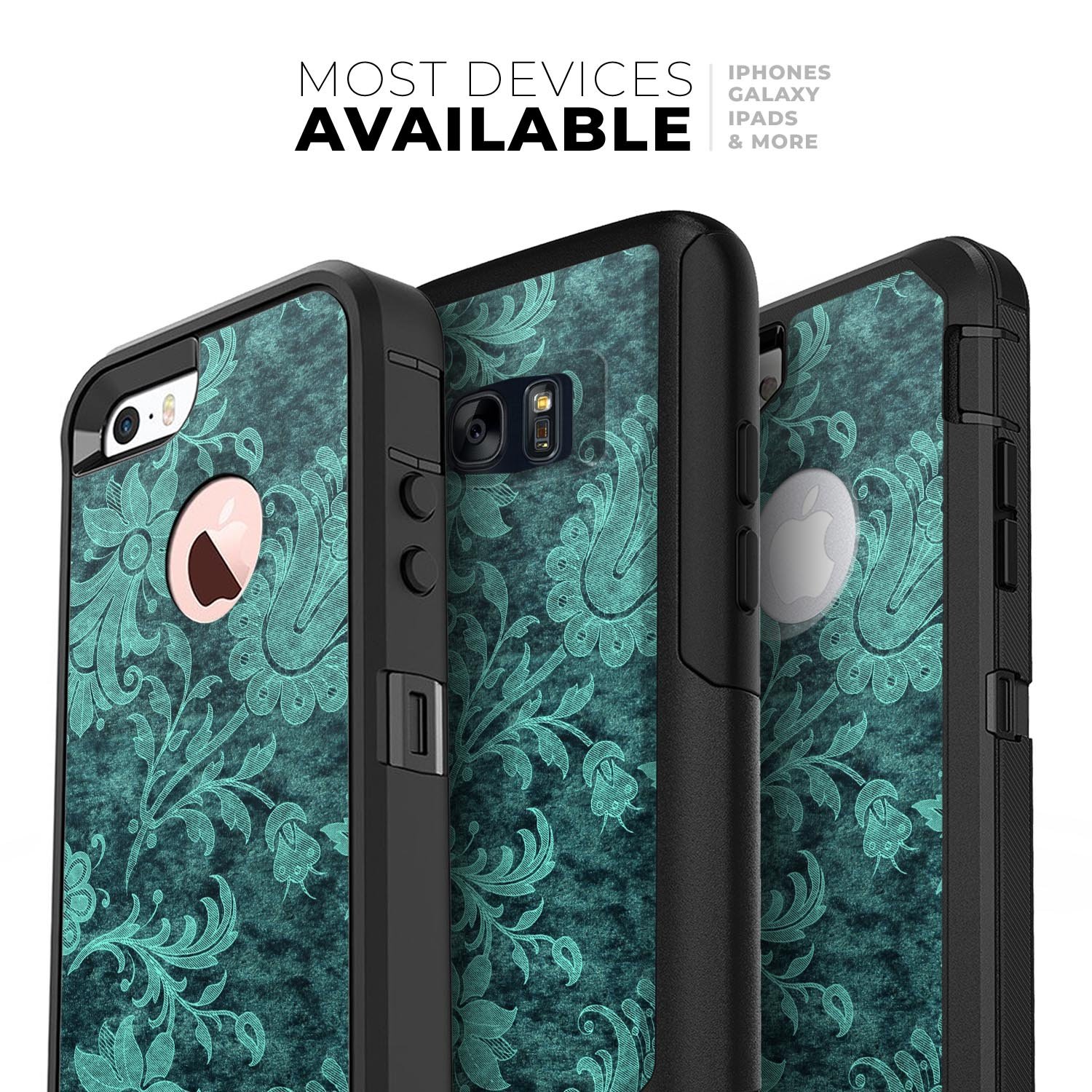 Green and teal floral velvet skin kit for iPhone OtterBox, showcasing vibrant floral patterns on a sleek surface.