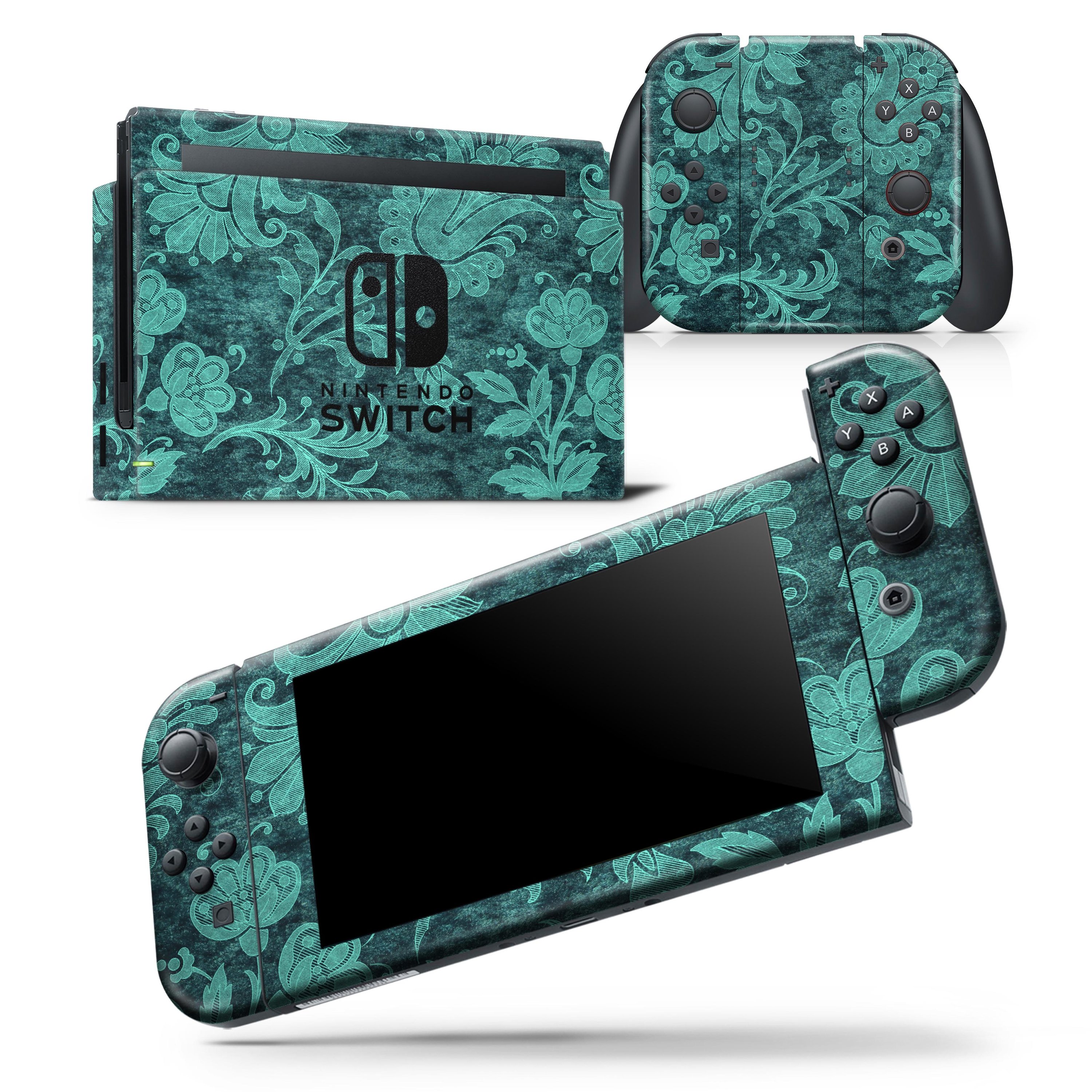 Green and Teal Floral Velvet skin wrap decal for Nintendo Switch, showcasing vibrant floral patterns on a sleek surface.