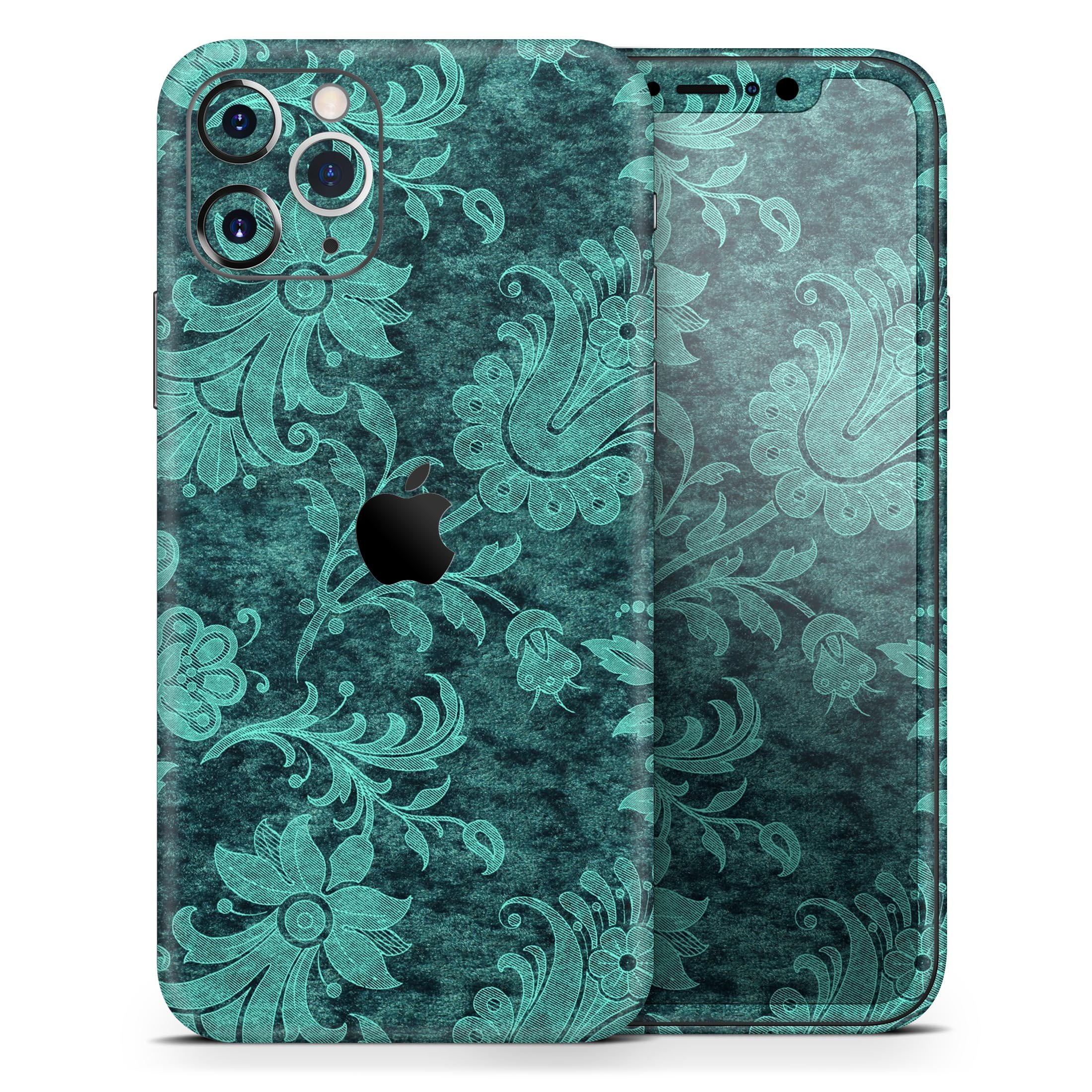 Green and Teal Floral Velvet skin for Apple iPhone, showcasing vibrant floral design on a sleek surface.