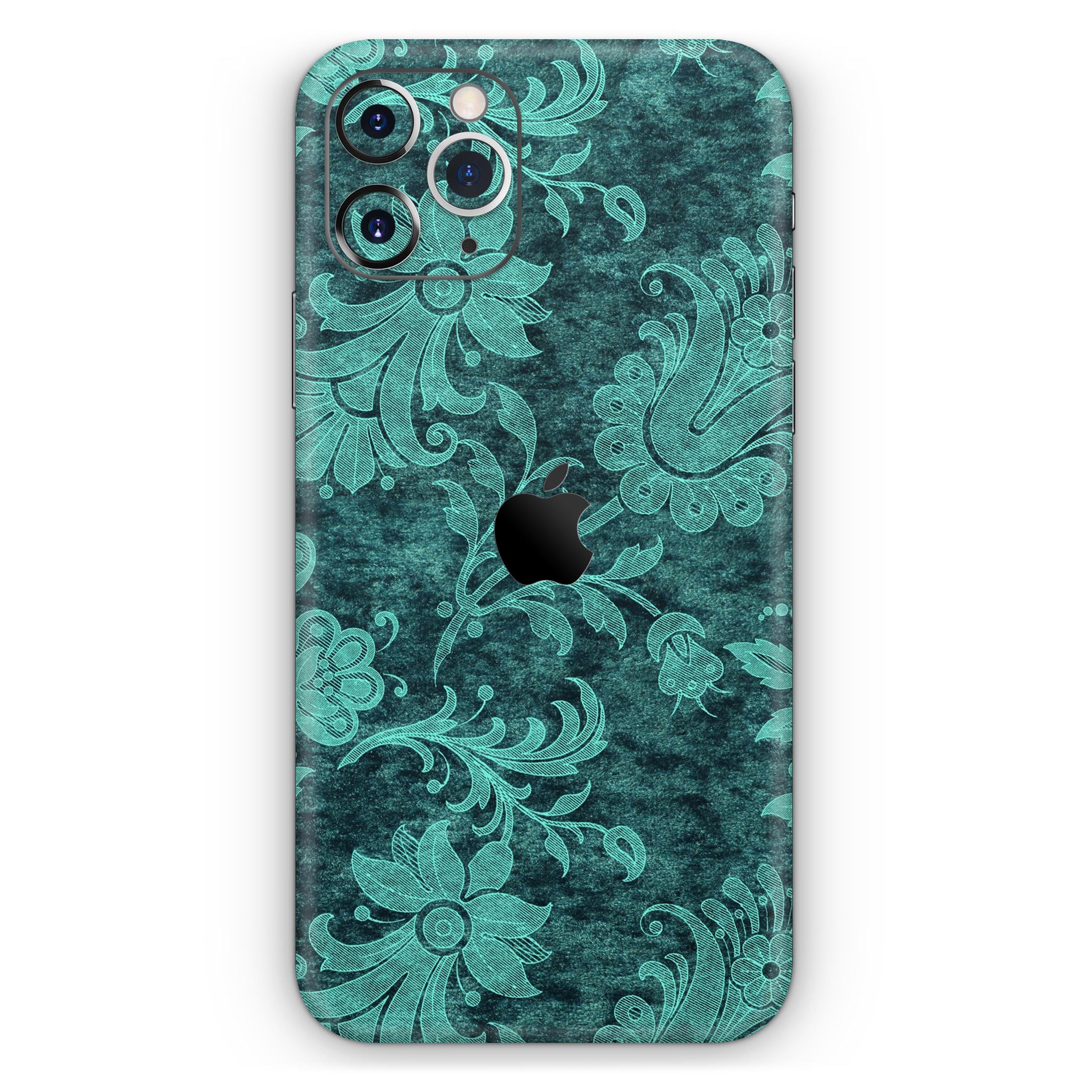 Green and Teal Floral Velvet skin for Apple iPhone, showcasing vibrant floral design on a sleek surface.