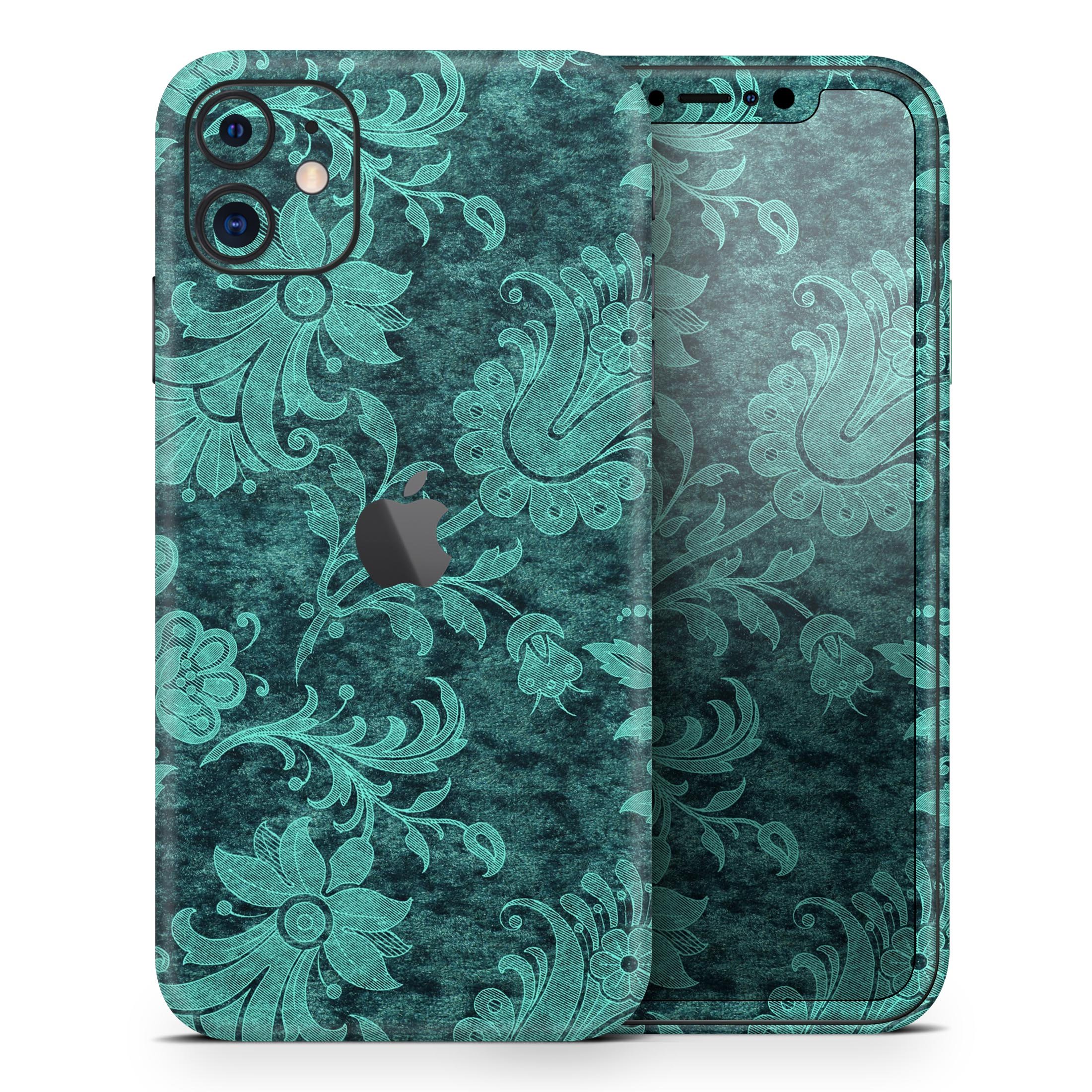 Green and Teal Floral Velvet skin for Apple iPhone, showcasing vibrant floral design on a sleek surface.