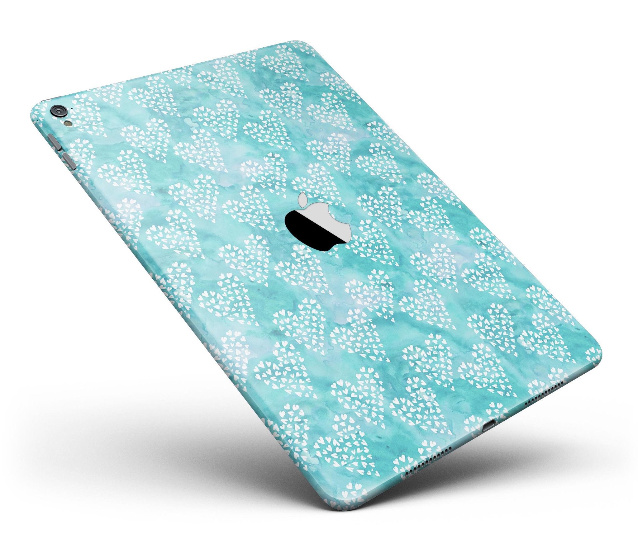 Full body skin for iPad featuring a green and white watercolor hearts pattern, showcasing vibrant colors and a stylish design.