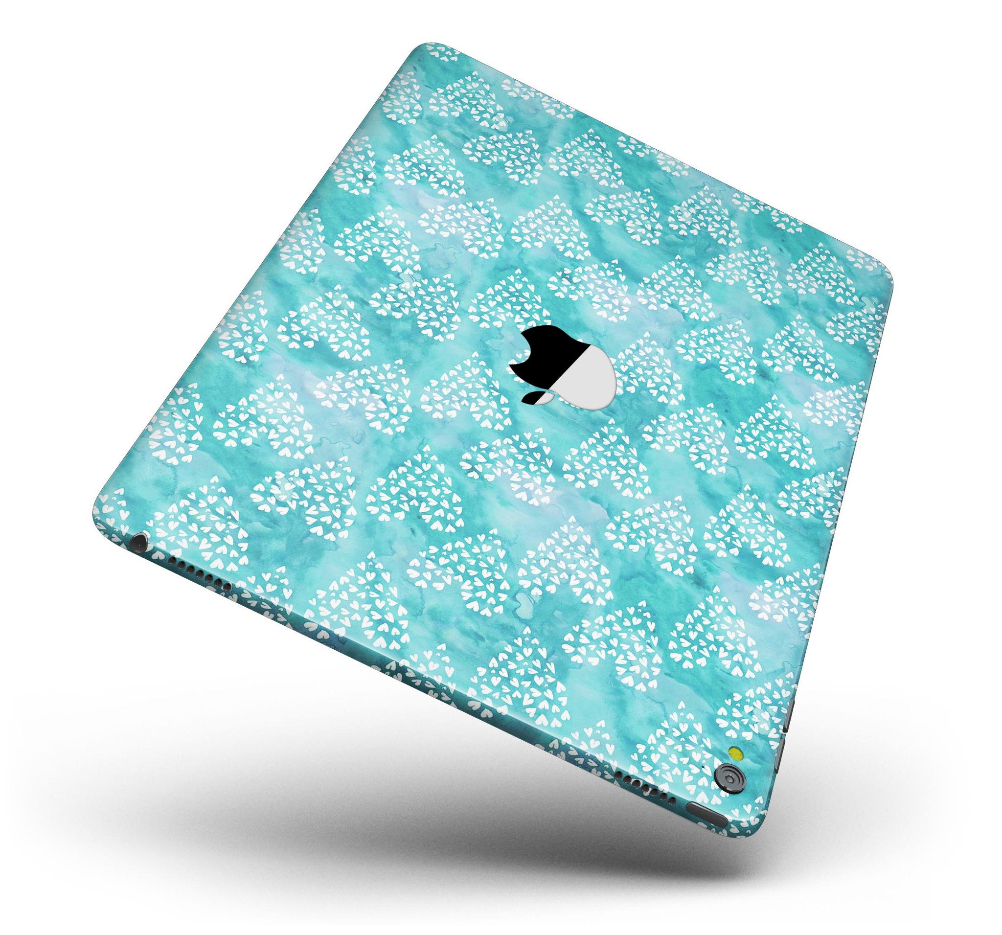 Full body skin for iPad featuring a green and white watercolor hearts pattern, showcasing vibrant colors and a stylish design.