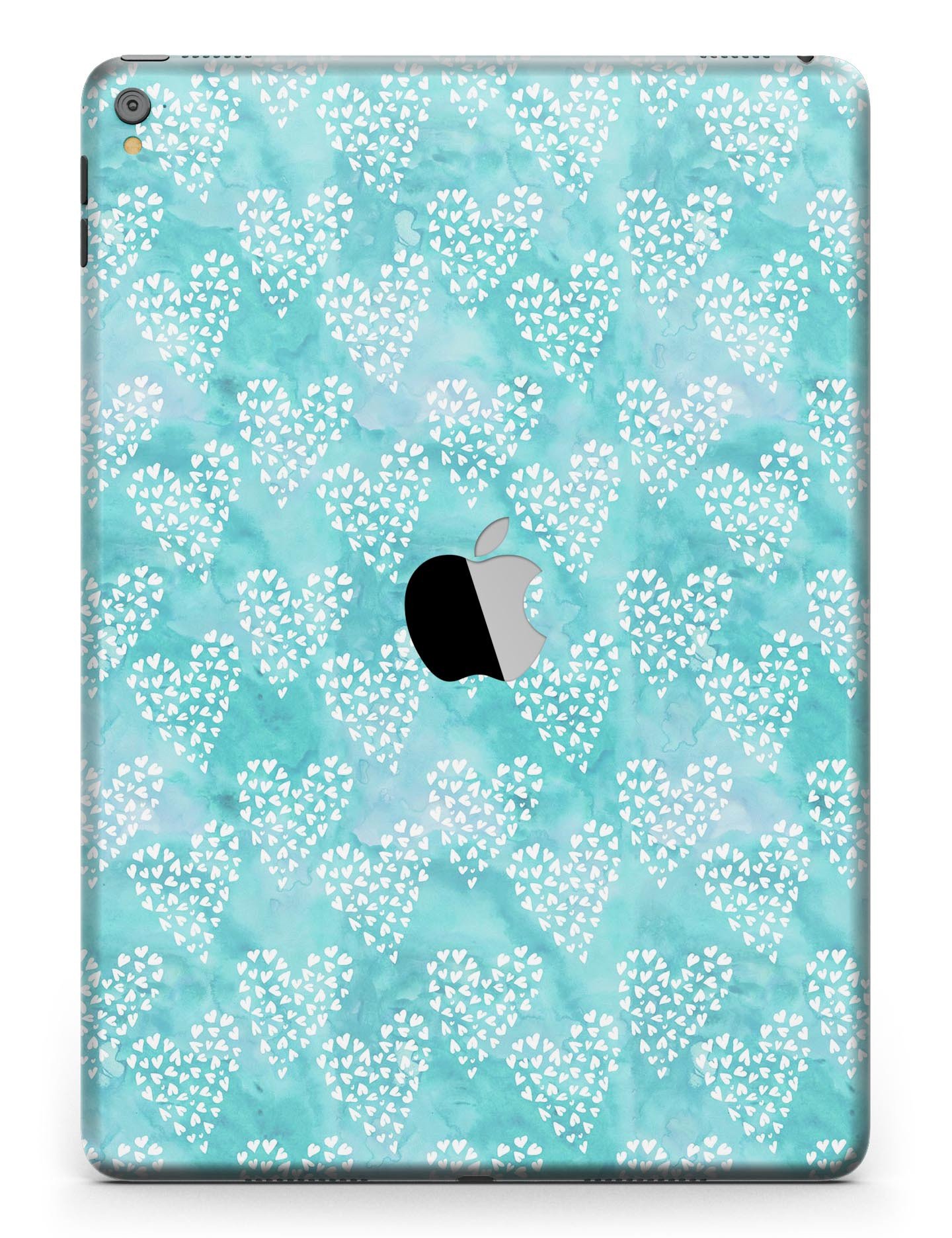 Full body skin for iPad featuring a green and white watercolor hearts pattern, showcasing vibrant colors and a stylish design.