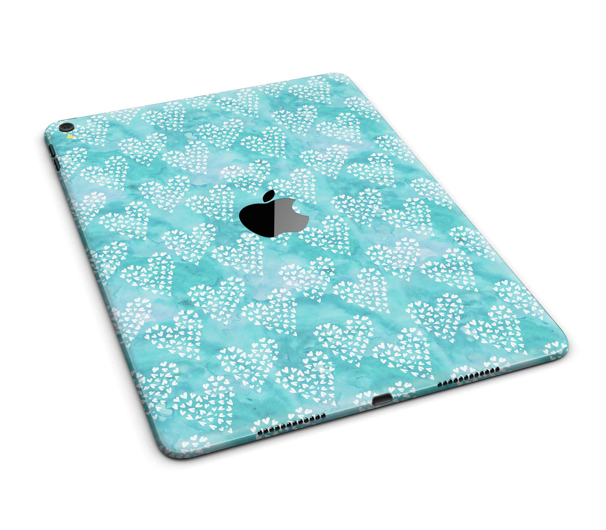 Full body skin for iPad featuring a green and white watercolor hearts pattern, showcasing vibrant colors and a stylish design.