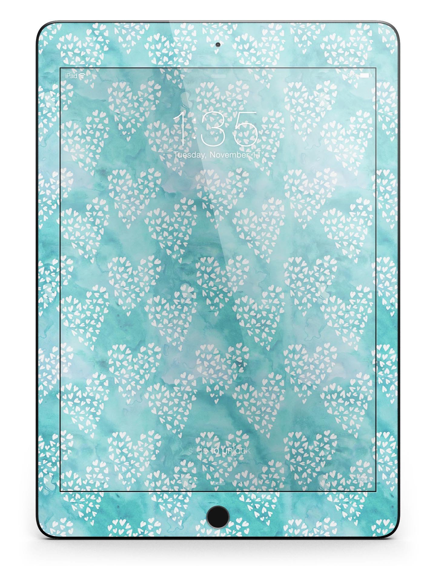 Full body skin for iPad featuring a green and white watercolor hearts pattern, showcasing vibrant colors and a stylish design.