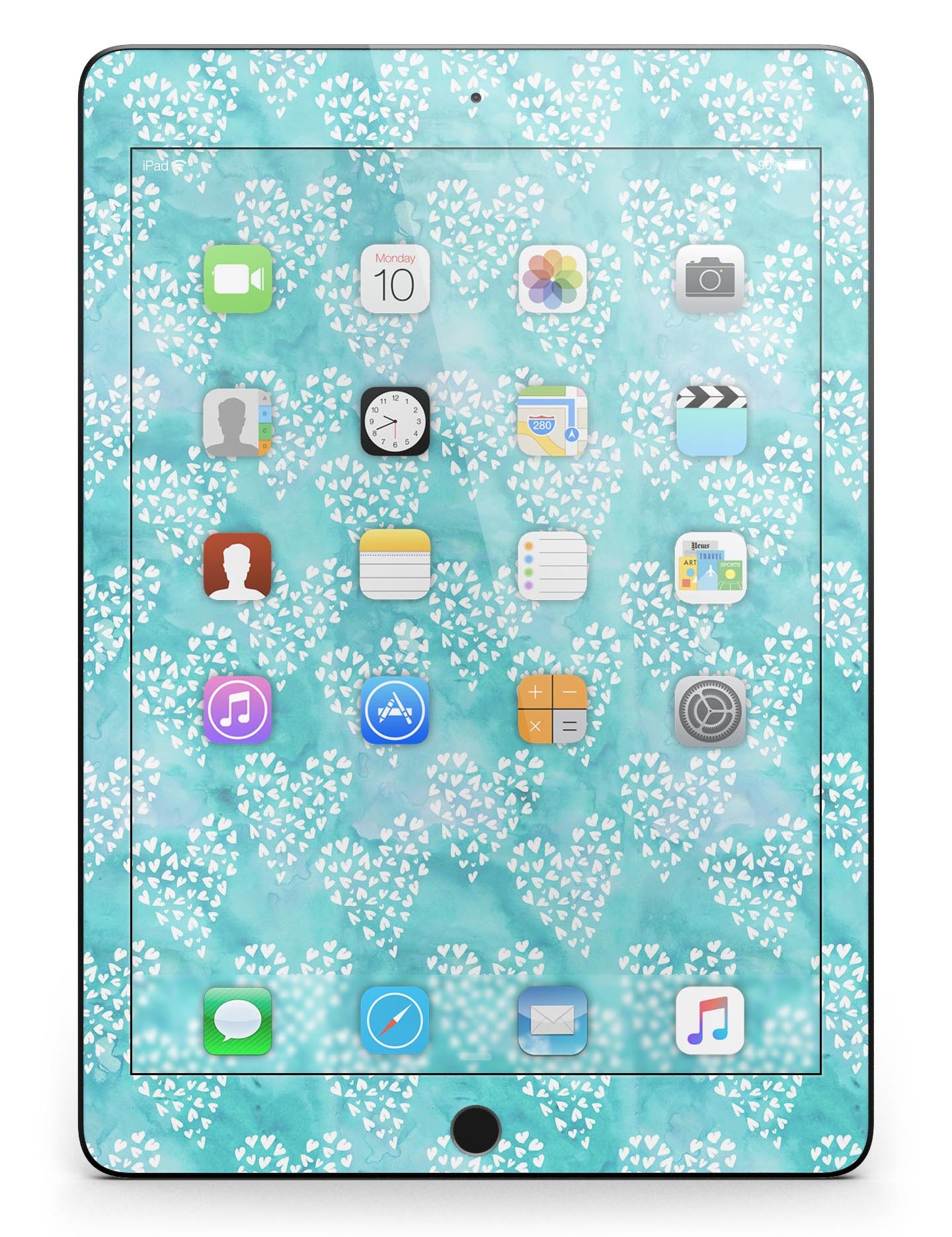 Full body skin for iPad featuring a green and white watercolor hearts pattern, showcasing vibrant colors and a stylish design.