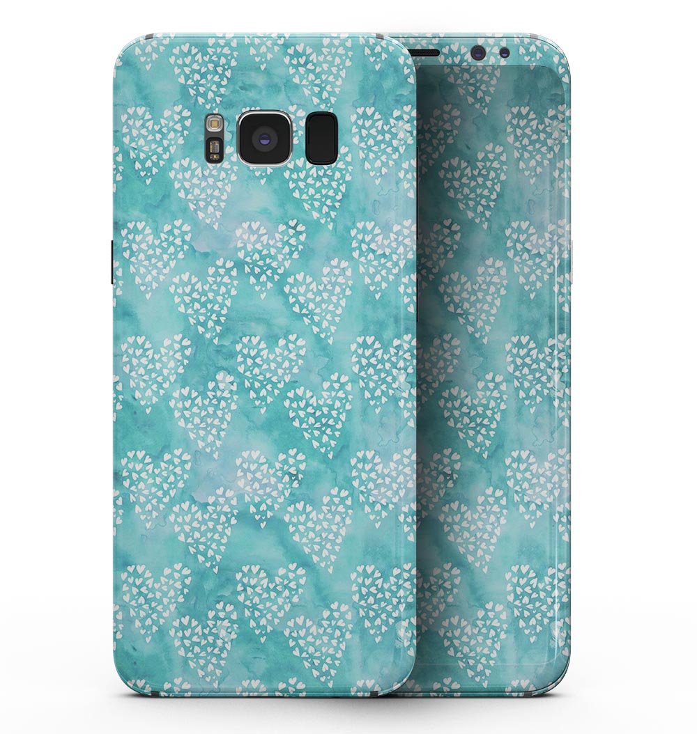 Samsung Galaxy S8 with a Green and White Watercolor Hearts Pattern skin, showcasing a stylish and protective design.