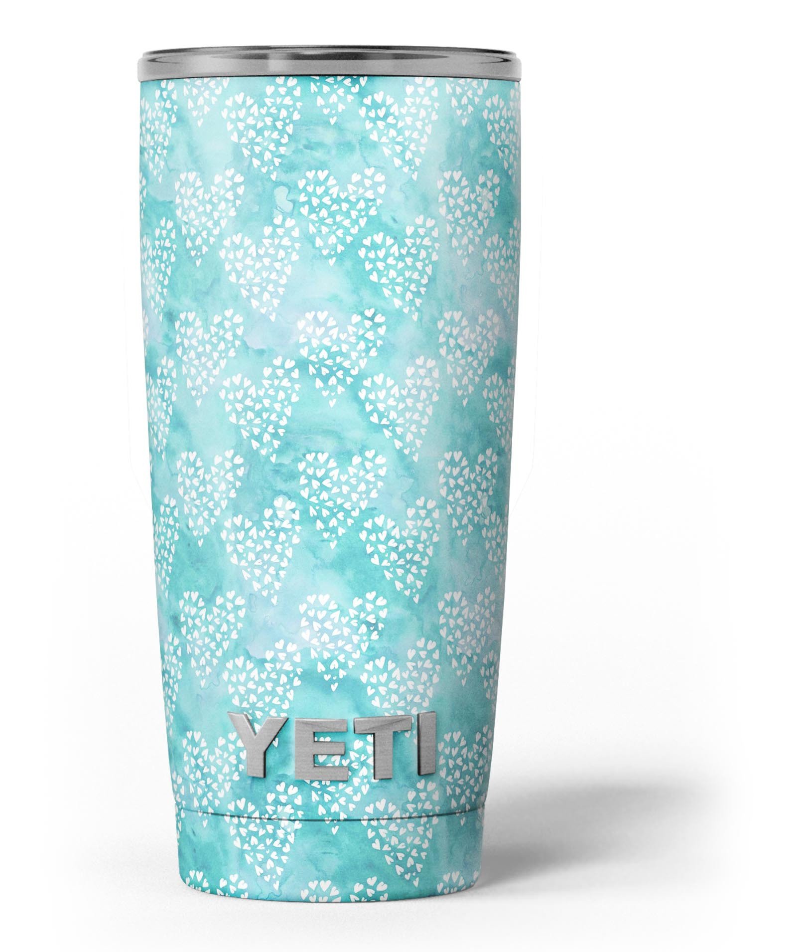 Green and white watercolor hearts pattern skin decal vinyl wrap kit for Yeti Coolers, showcasing vibrant colors and a stylish design.