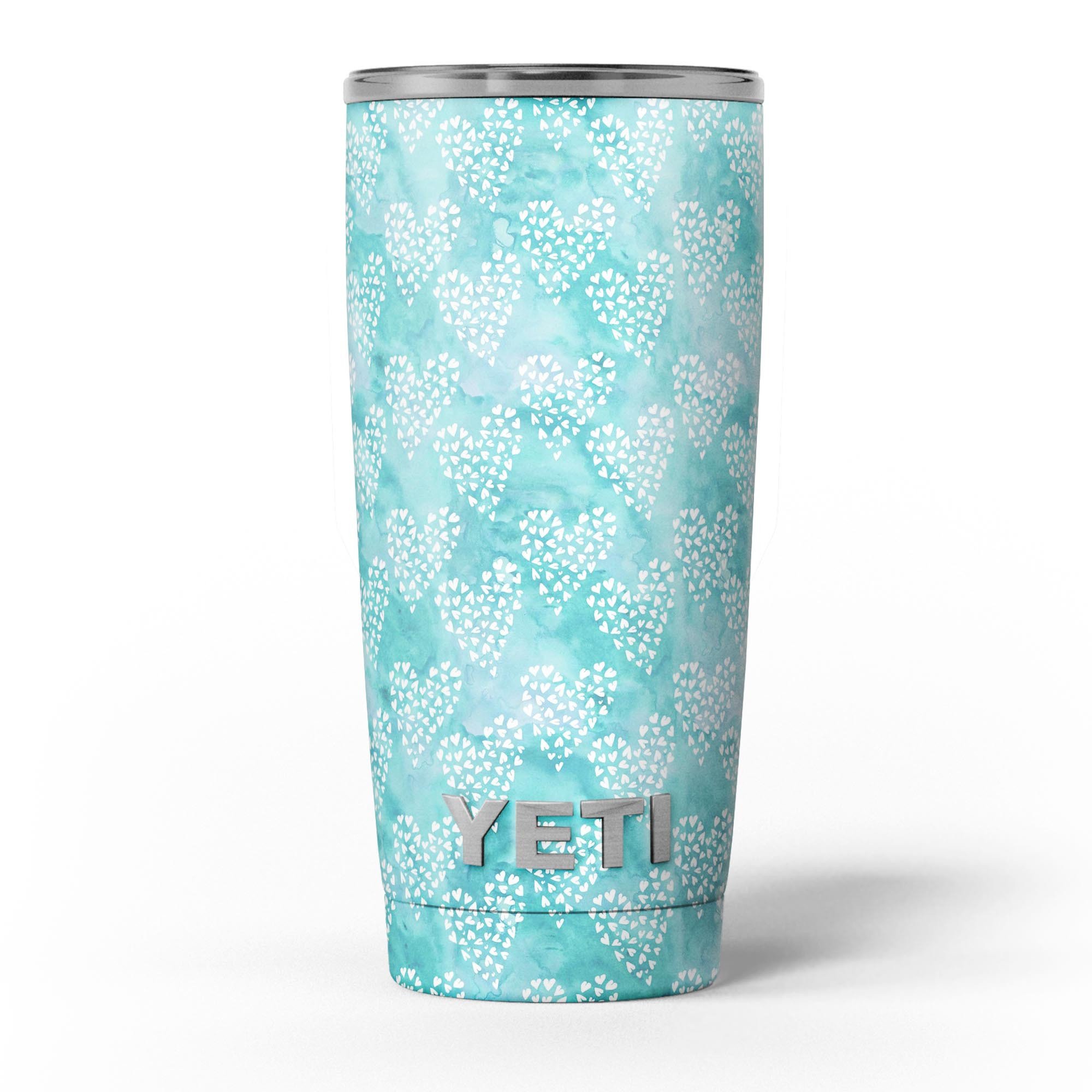 Green and white watercolor hearts pattern skin decal vinyl wrap kit for Yeti Coolers, showcasing vibrant colors and a stylish design.