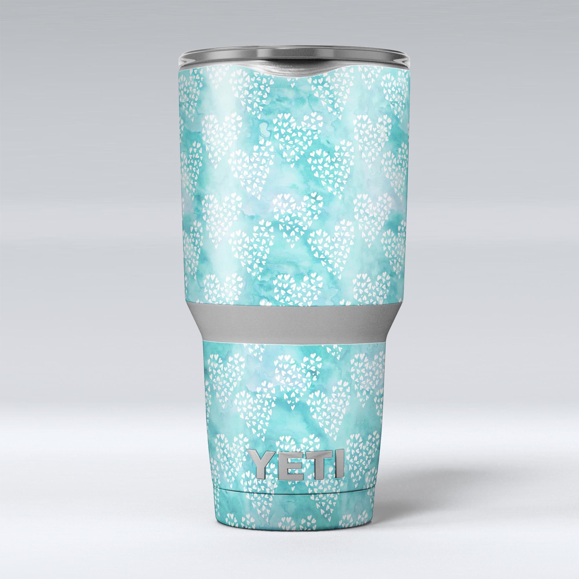 Green and white watercolor hearts pattern skin decal vinyl wrap kit for Yeti Coolers, showcasing vibrant colors and a stylish design.