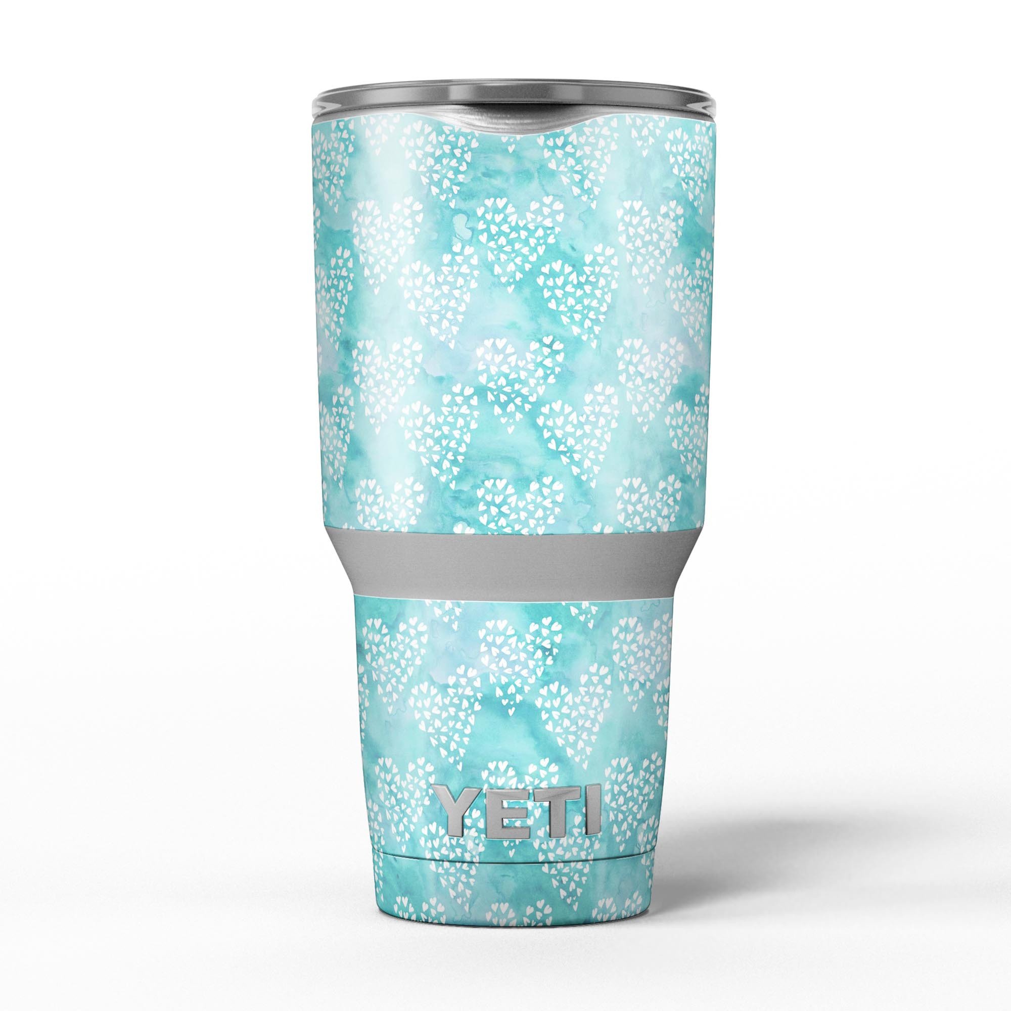 Green and white watercolor hearts pattern skin decal vinyl wrap kit for Yeti Coolers, showcasing vibrant colors and a stylish design.