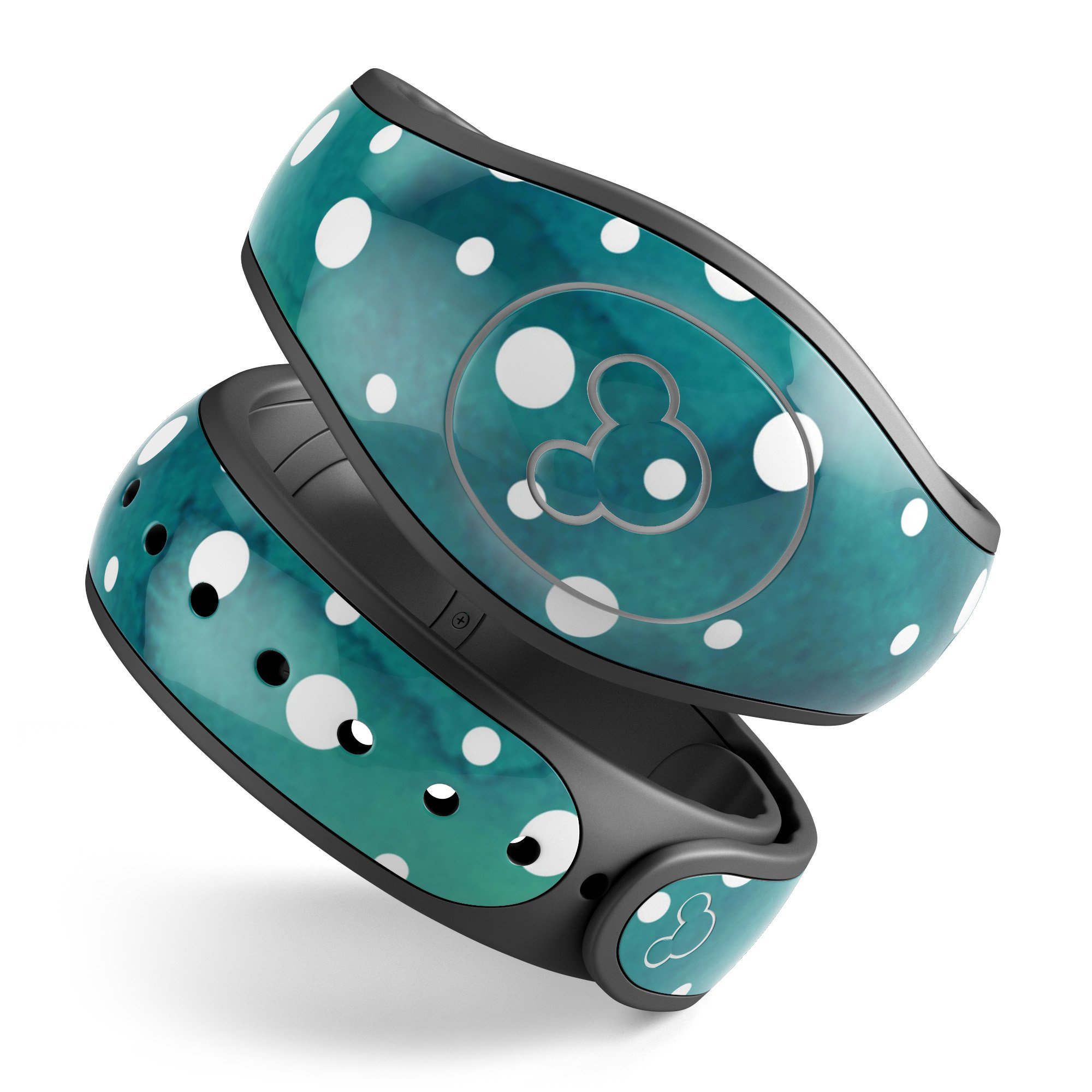 Green and white watercolor polka dots decal skin wrap kit for Disney Magic Band, showcasing a vibrant and stylish design.