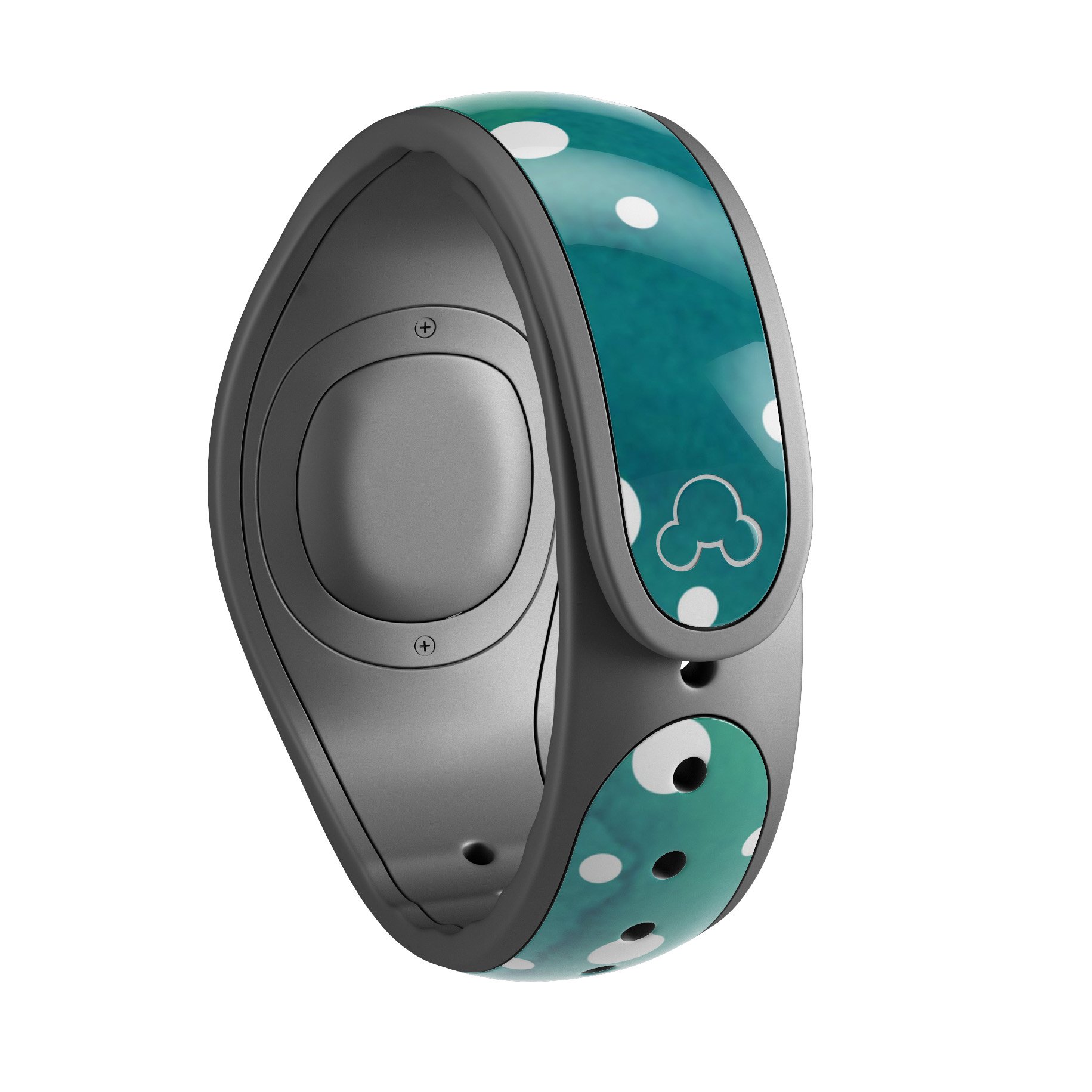 Green and white watercolor polka dots decal skin wrap kit for Disney Magic Band, showcasing a vibrant and stylish design.