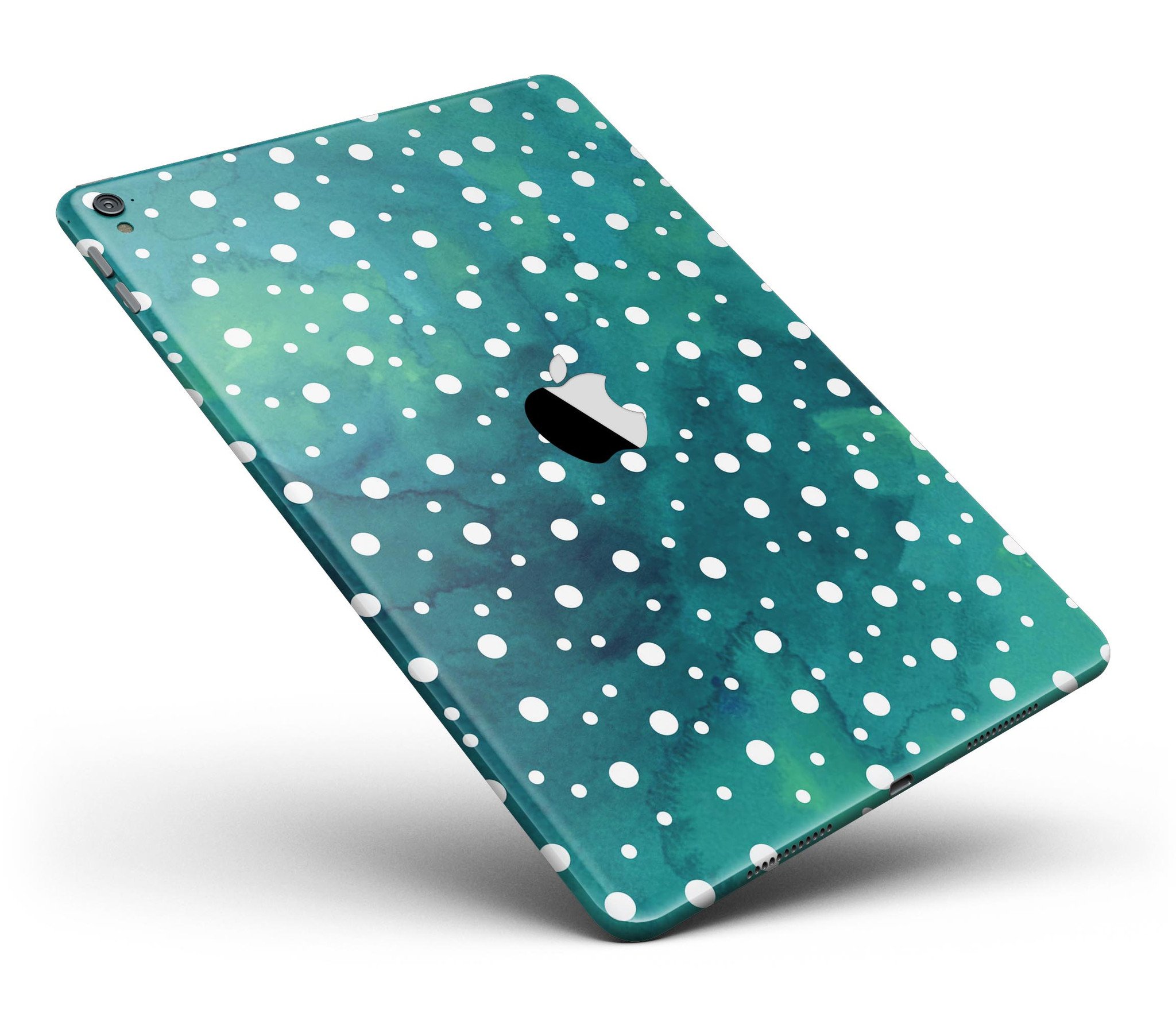 Green and white watercolor polka dots skin for iPad Pro, showcasing vibrant colors and a stylish design.