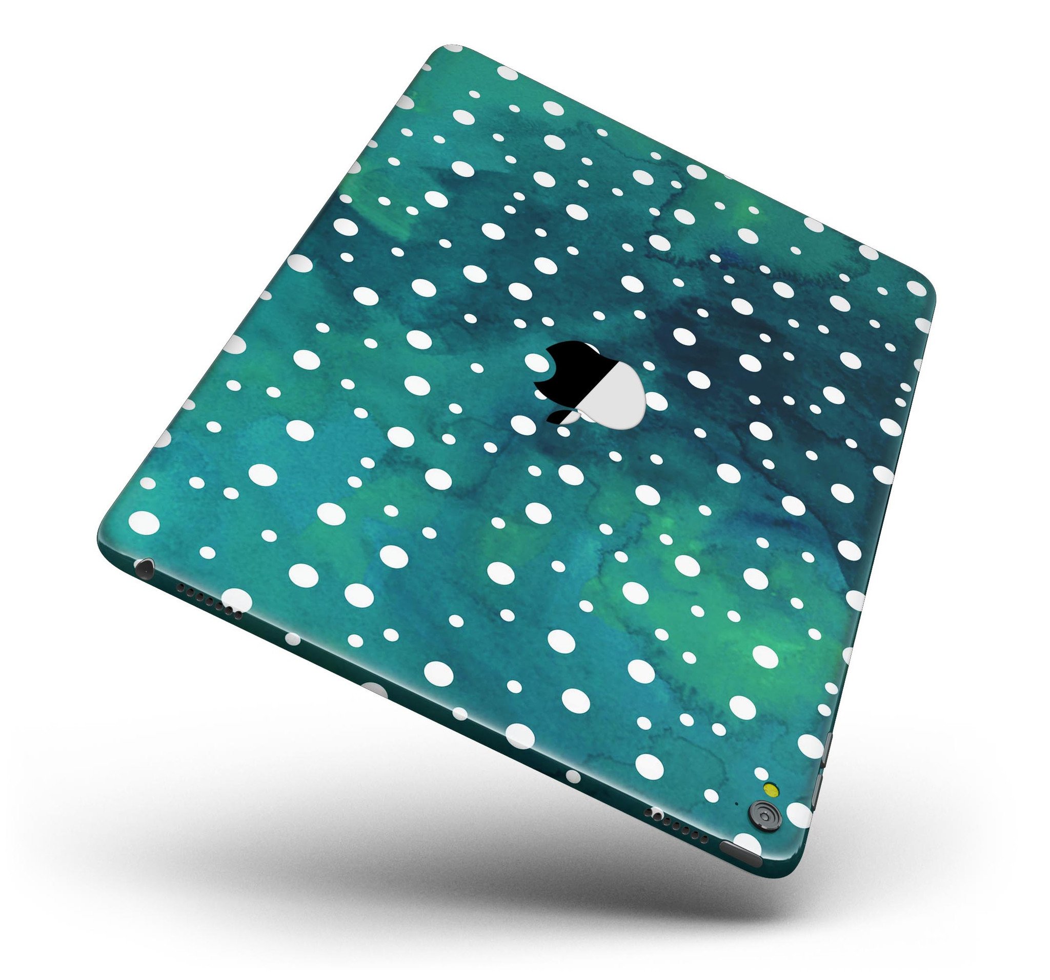 Green and white watercolor polka dots skin for iPad Pro, showcasing vibrant colors and a stylish design.