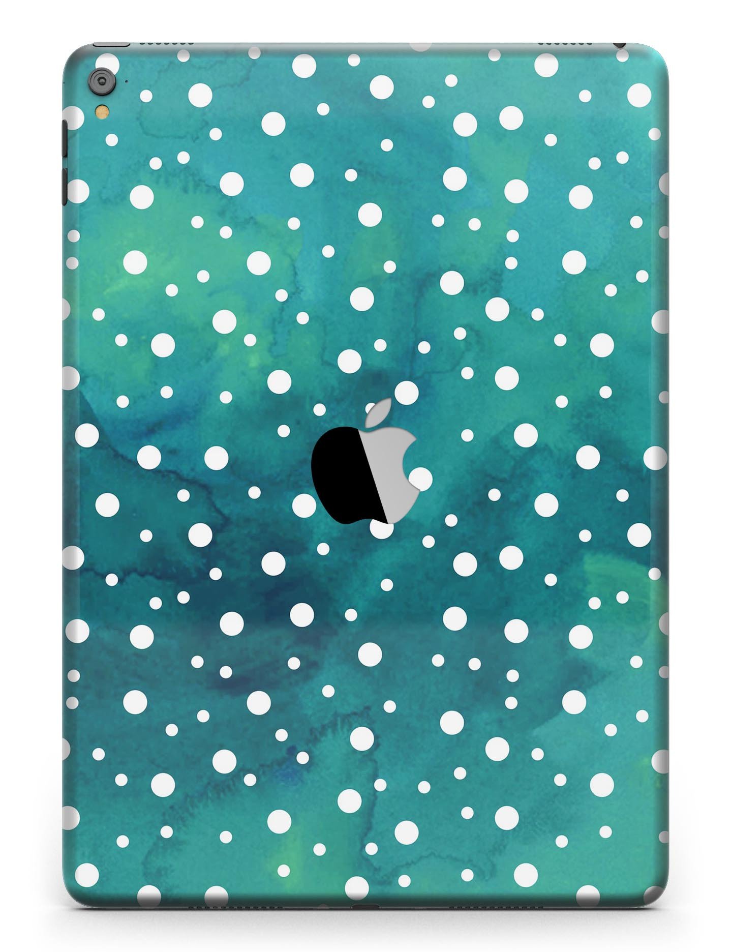 Green and white watercolor polka dots skin for iPad Pro, showcasing vibrant colors and a stylish design.