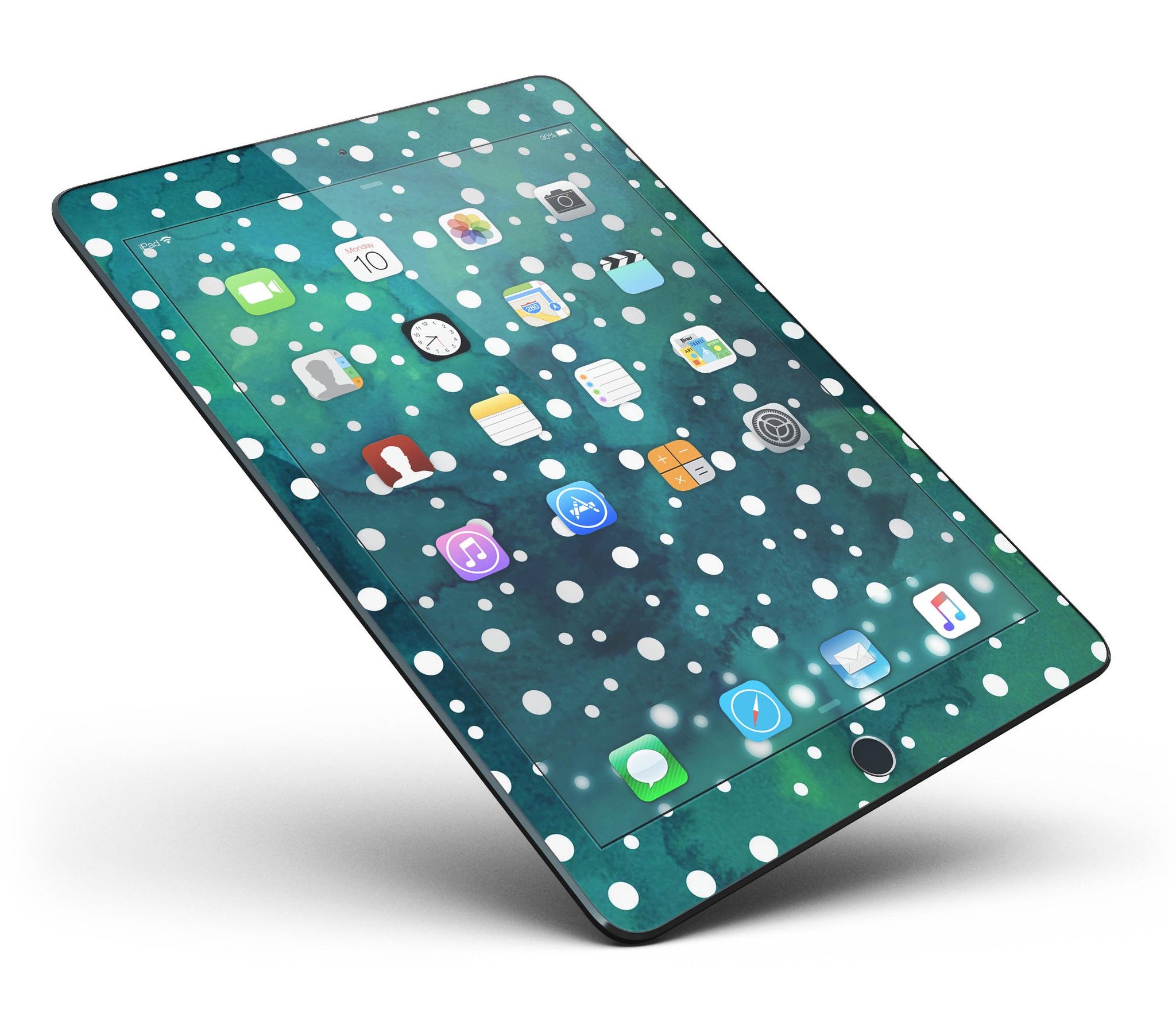 Green and white watercolor polka dots skin for iPad Pro, showcasing vibrant colors and a stylish design.