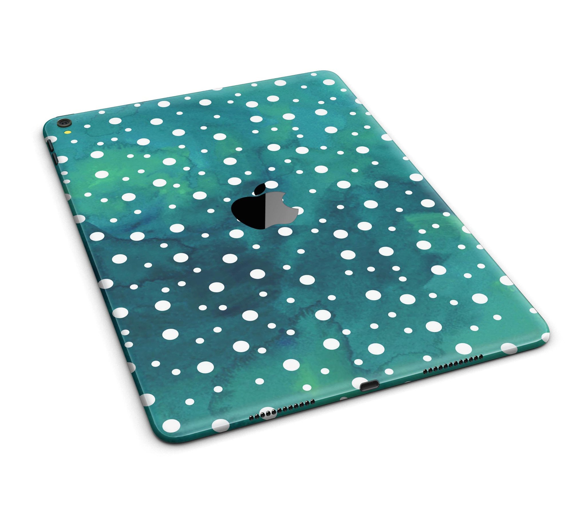 Green and white watercolor polka dots skin for iPad Pro, showcasing vibrant colors and a stylish design.