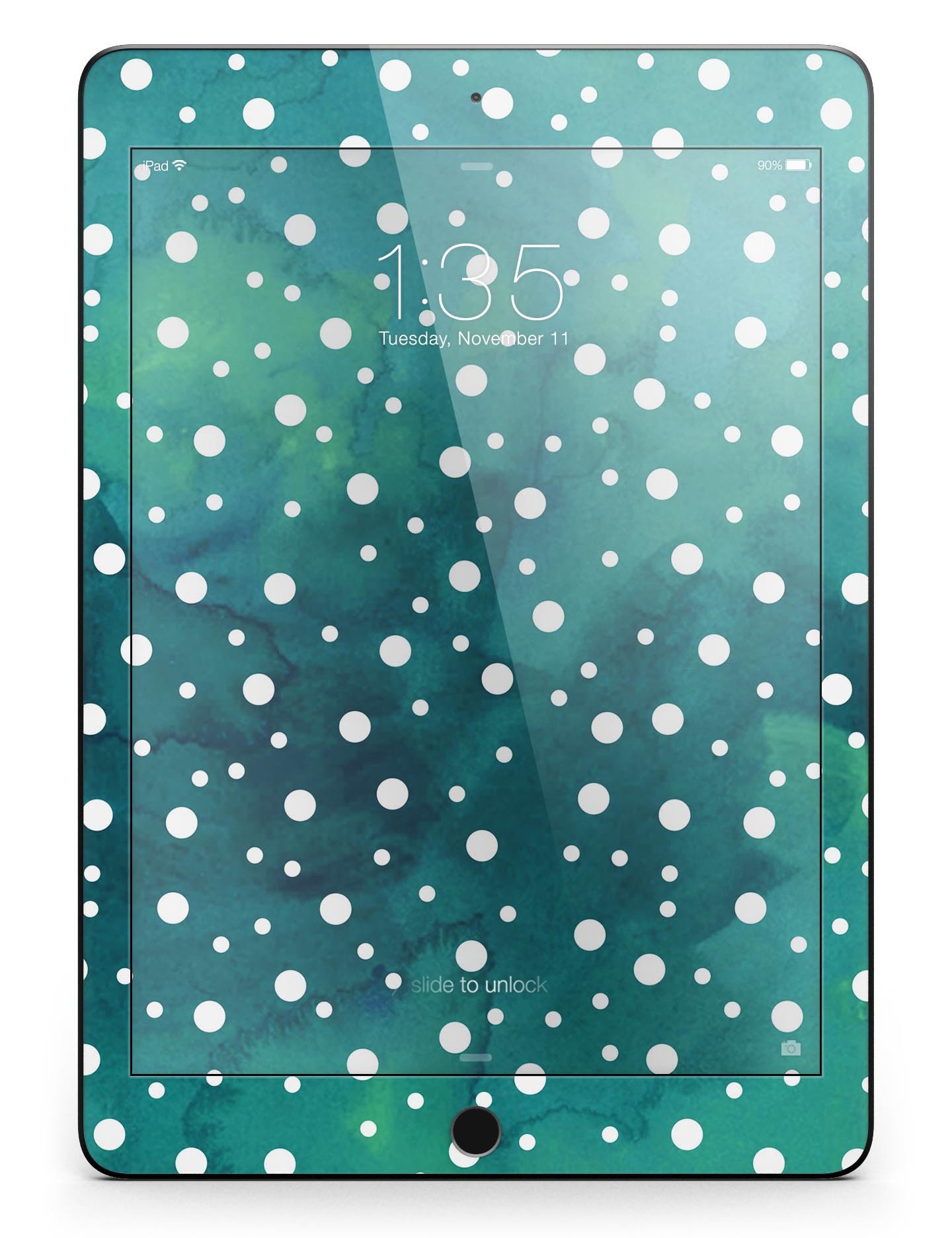 Green and white watercolor polka dots skin for iPad Pro, showcasing vibrant colors and a stylish design.