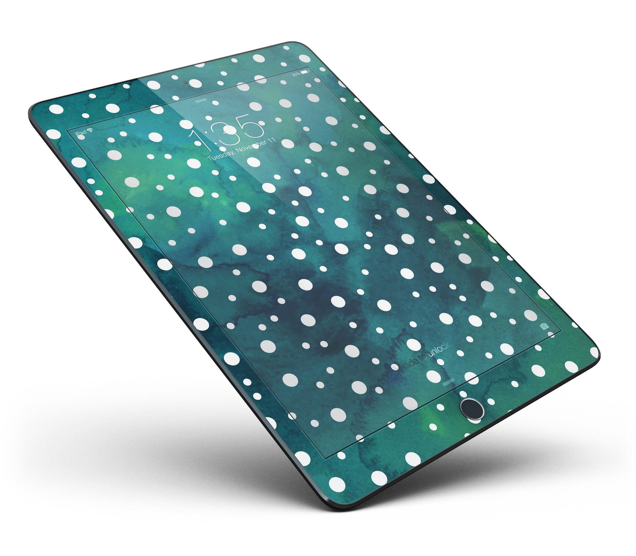 Green and white watercolor polka dots skin for iPad Pro, showcasing vibrant colors and a stylish design.