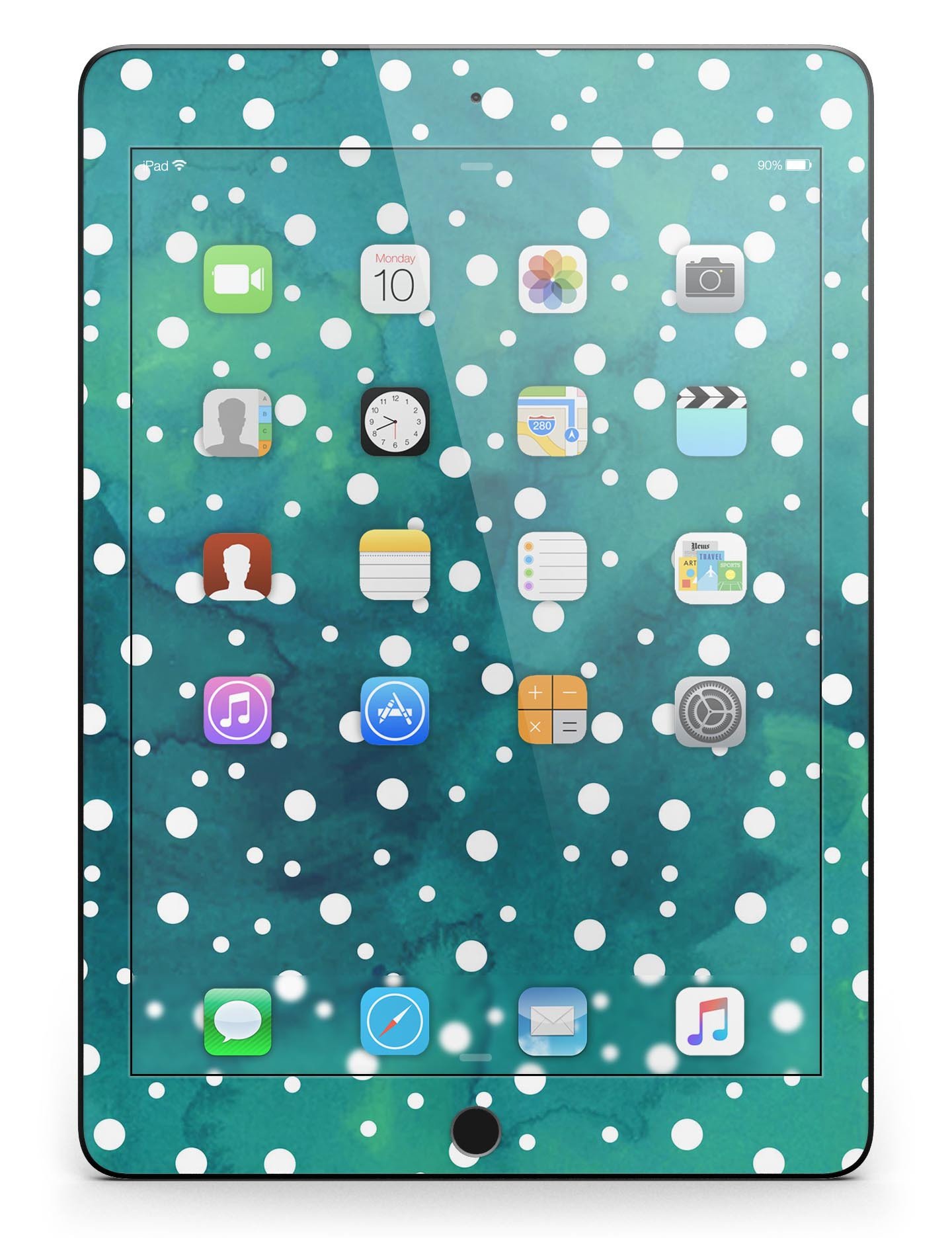 Green and white watercolor polka dots skin for iPad Pro, showcasing vibrant colors and a stylish design.