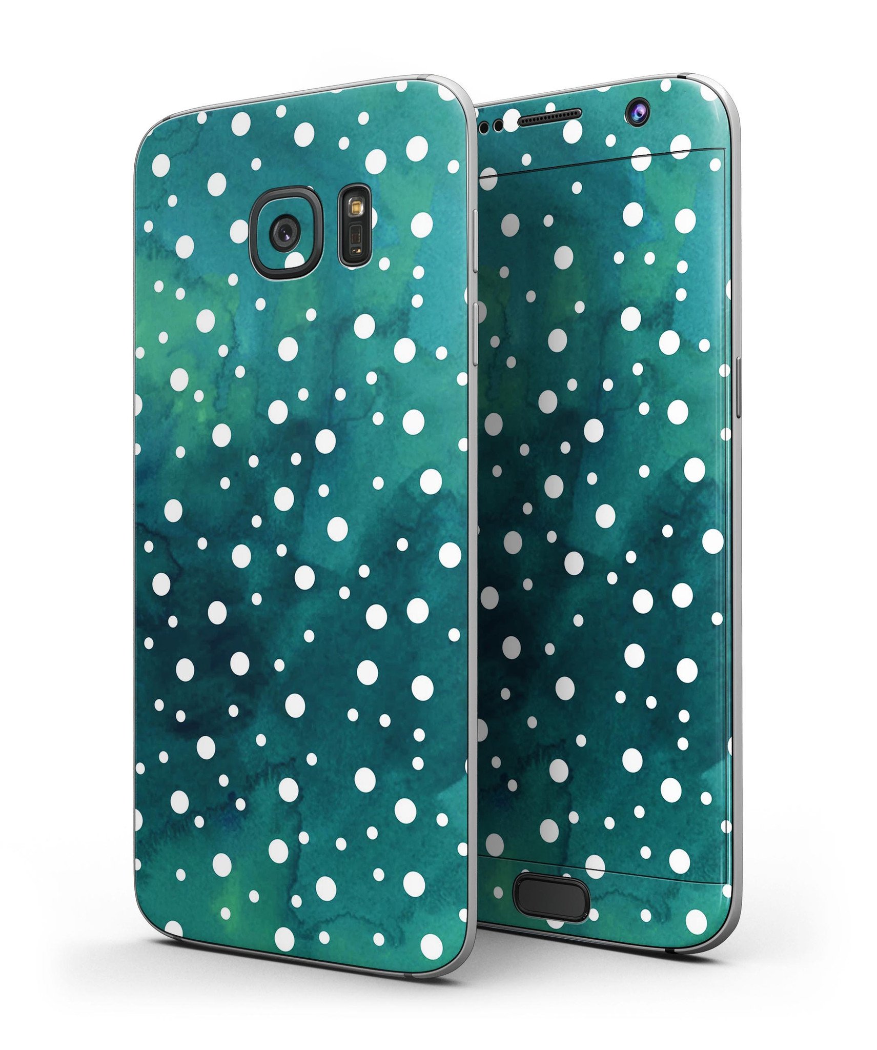 Green and White Watercolor Polka Dots skin kit for Samsung Galaxy S7 and S7 Edge, showcasing vibrant polka dot design.