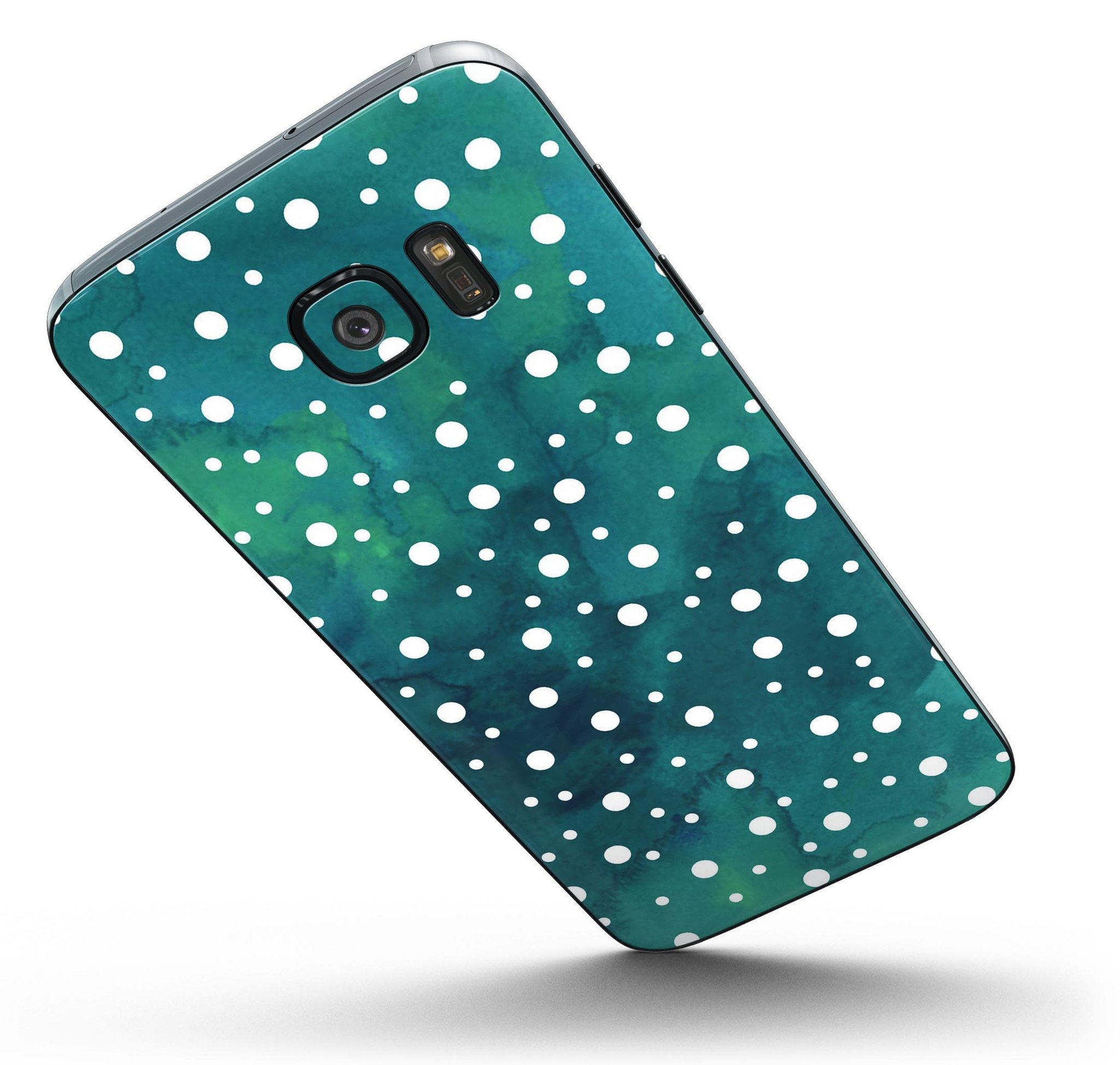 Green and White Watercolor Polka Dots skin kit for Samsung Galaxy S7 and S7 Edge, showcasing vibrant polka dot design.