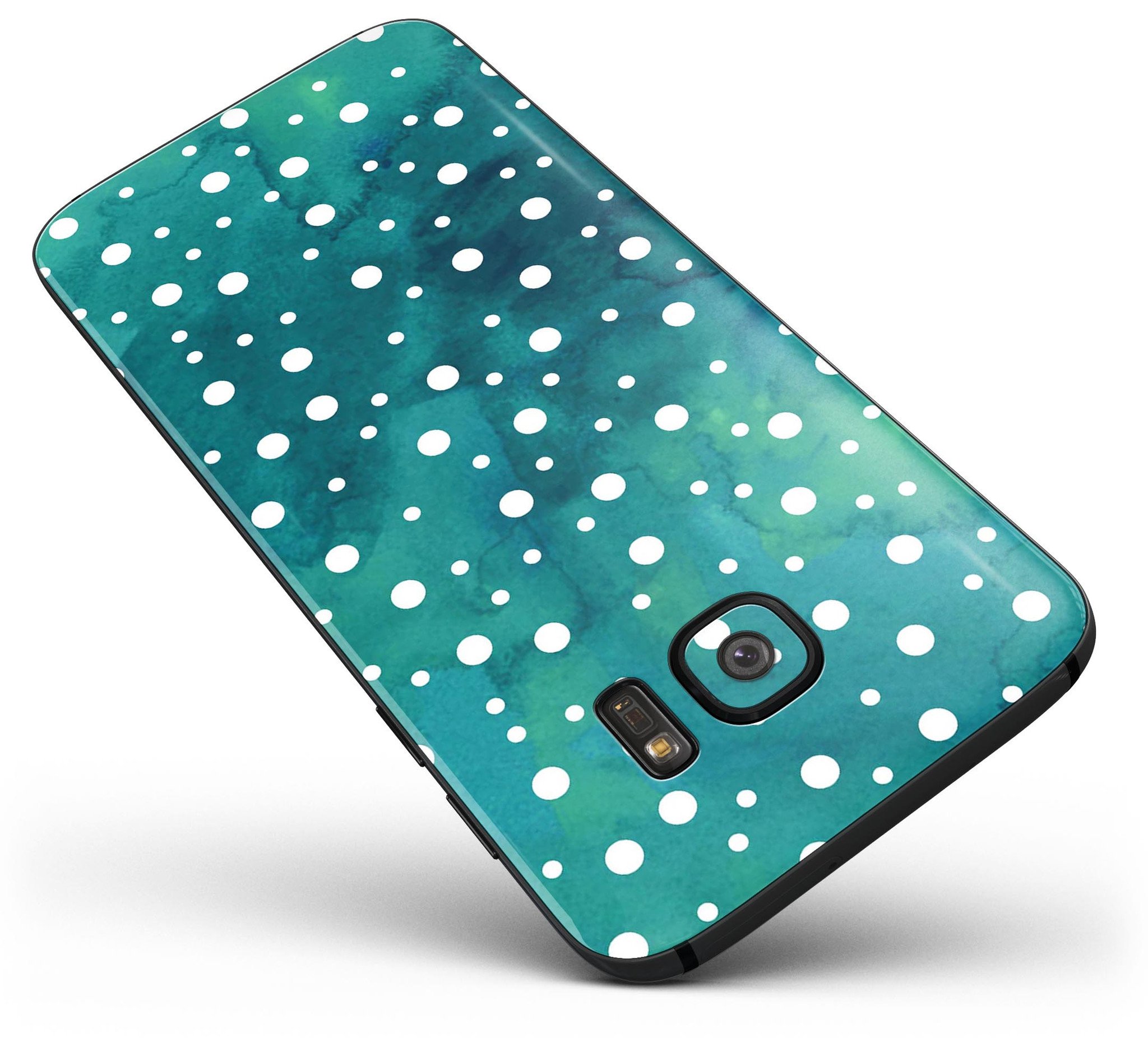 Green and White Watercolor Polka Dots skin kit for Samsung Galaxy S7 and S7 Edge, showcasing vibrant polka dot design.