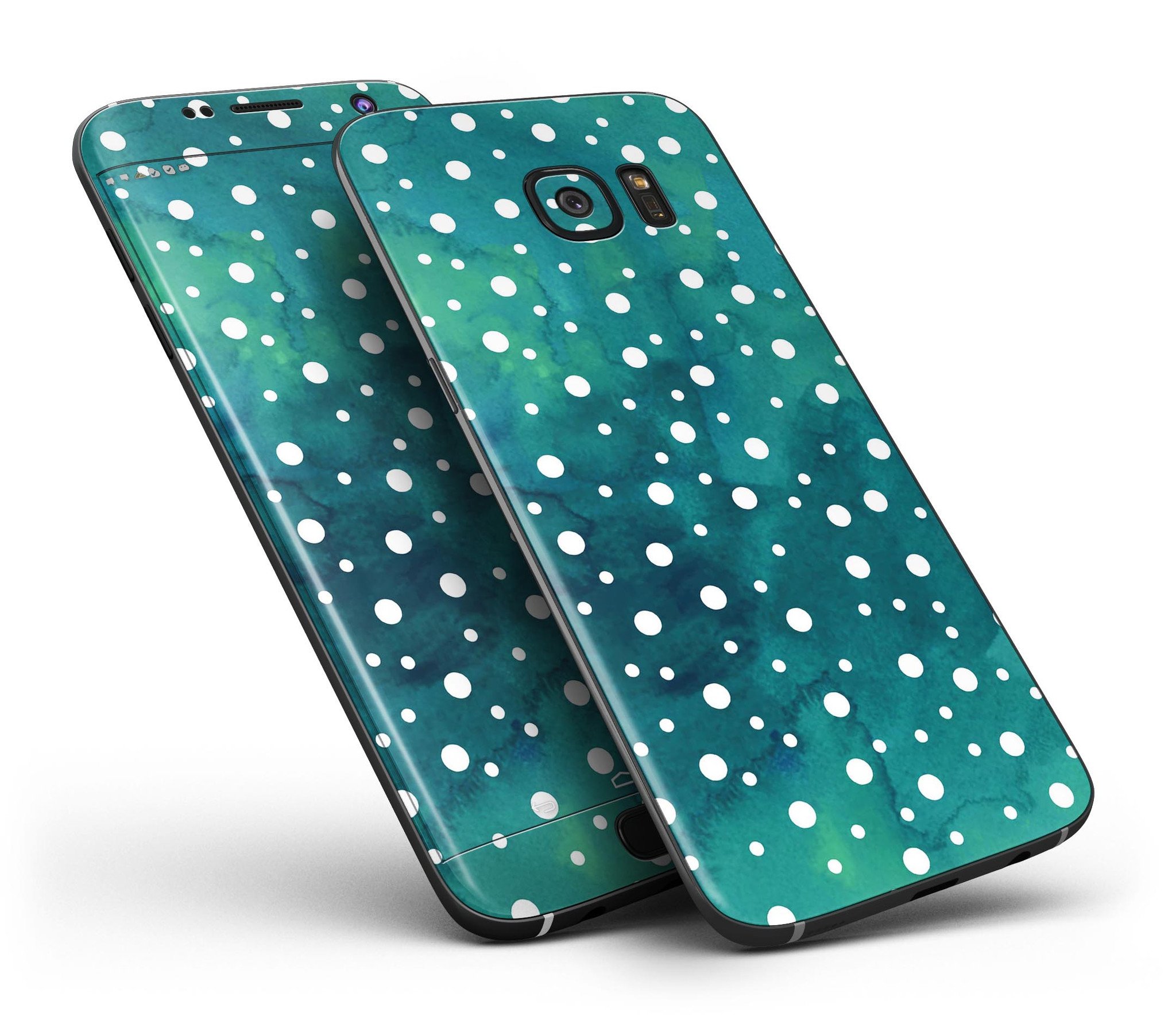 Green and White Watercolor Polka Dots skin kit for Samsung Galaxy S7 and S7 Edge, showcasing vibrant polka dot design.