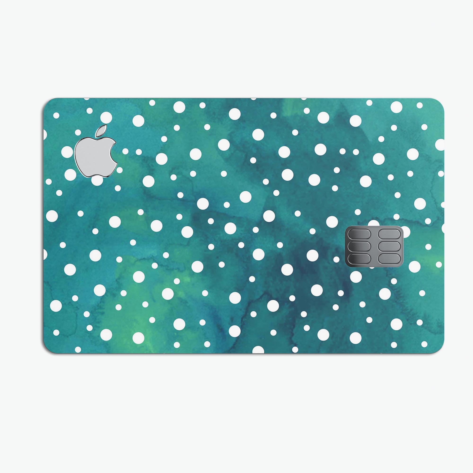 Green and white watercolor polka dots protective decal for Apple Card, showcasing vibrant colors and a stylish design.