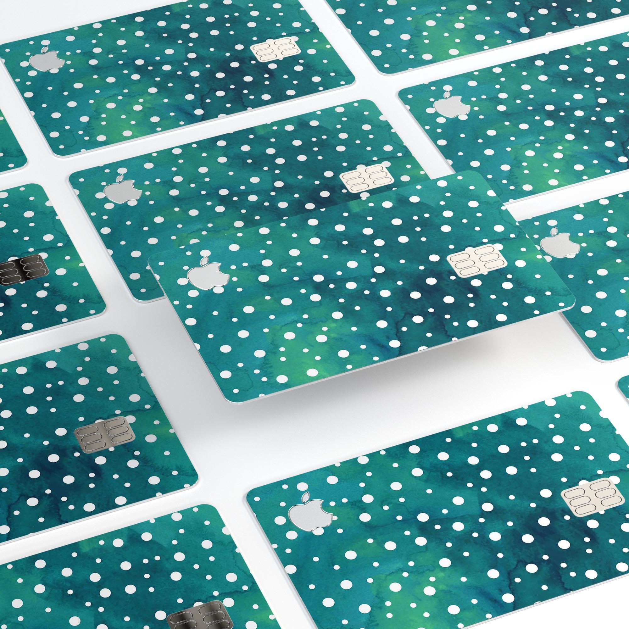 Green and white watercolor polka dots protective decal for Apple Card, showcasing vibrant colors and a stylish design.