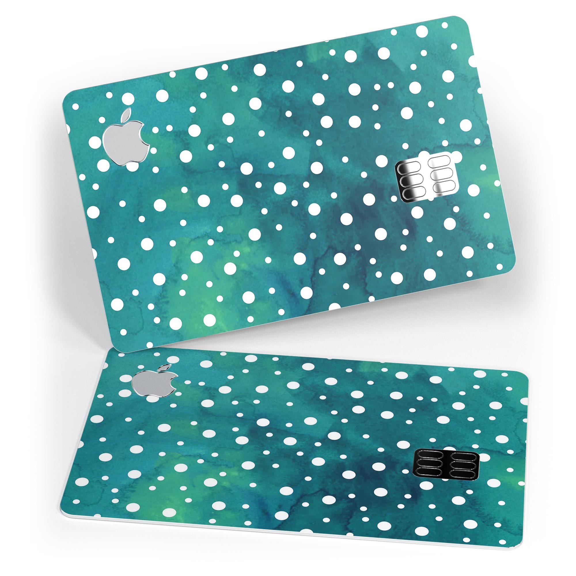 Green and white watercolor polka dots protective decal for Apple Card, showcasing vibrant colors and a stylish design.