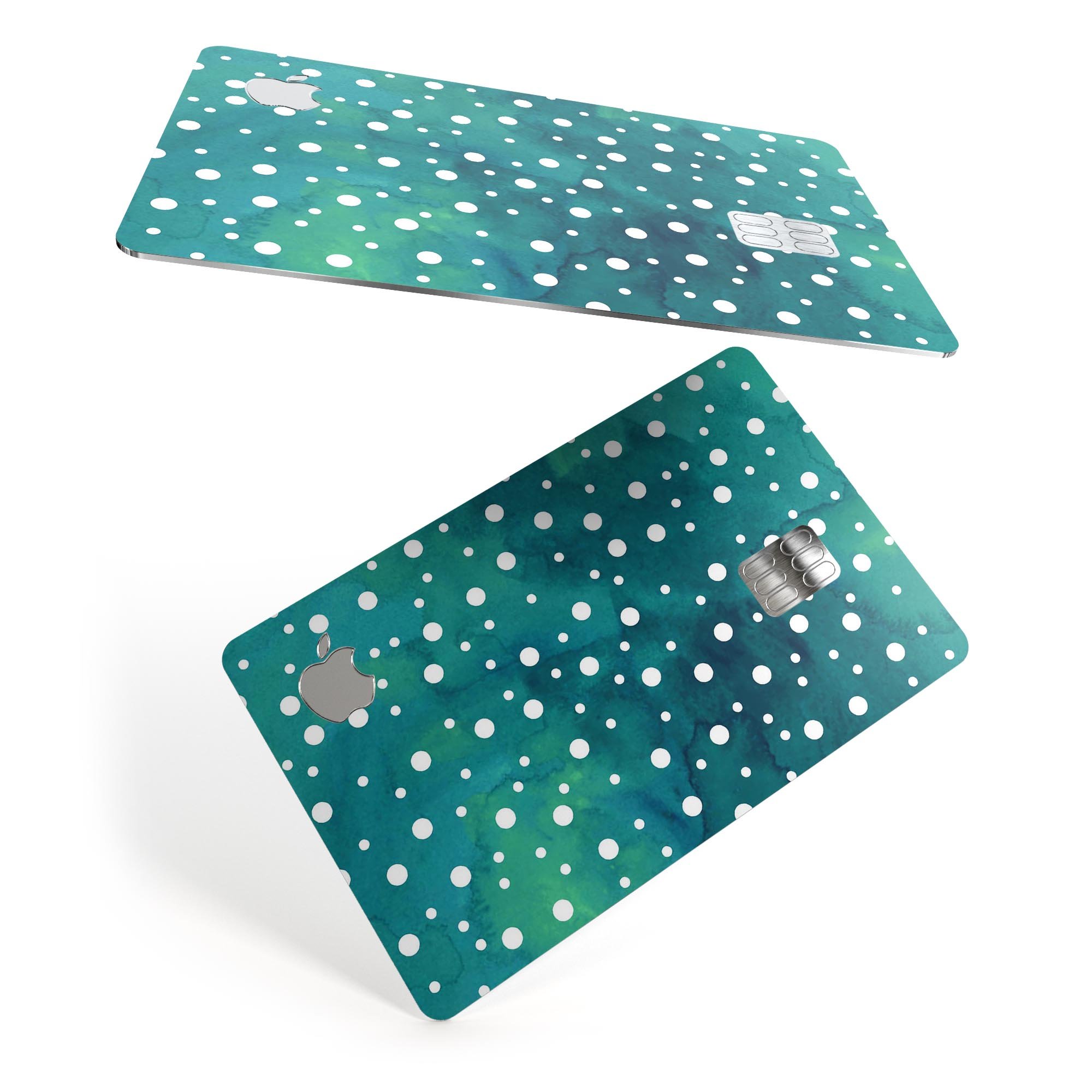 Green and white watercolor polka dots protective decal for Apple Card, showcasing vibrant colors and a stylish design.