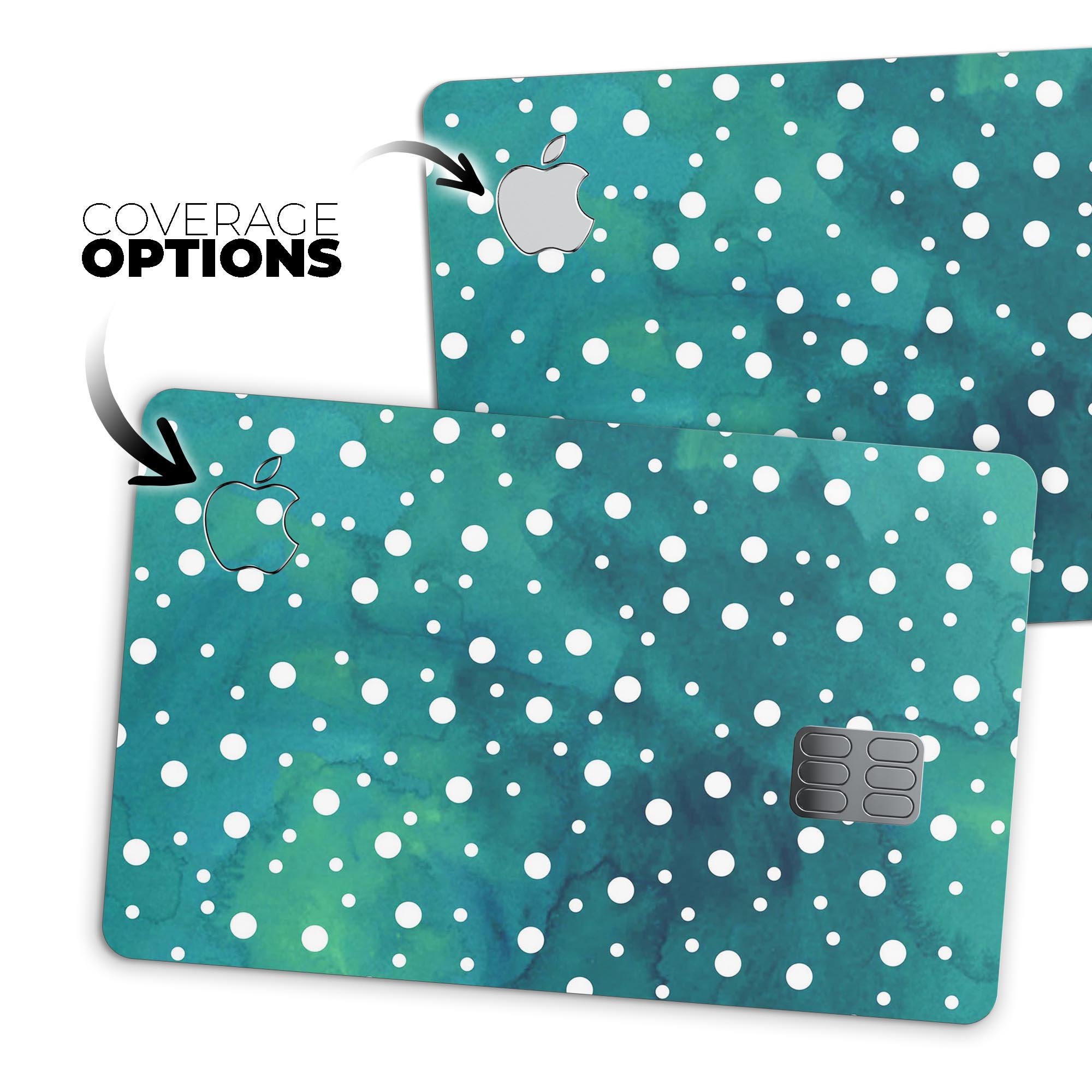 Green and white watercolor polka dots protective decal for Apple Card, showcasing vibrant colors and a stylish design.