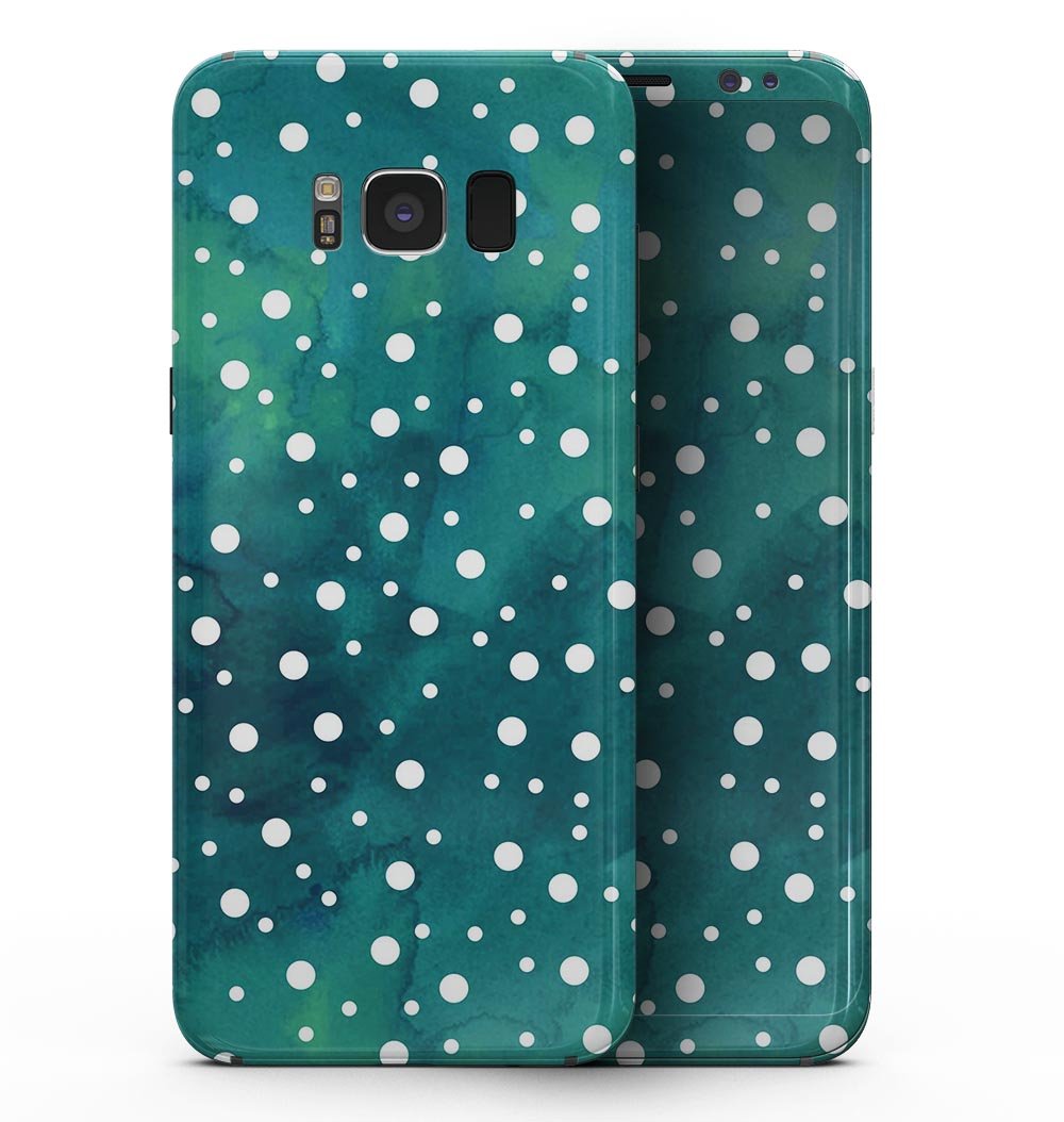 Samsung Galaxy S8 with a green and white watercolor polka dots skin, showcasing a stylish and protective design.